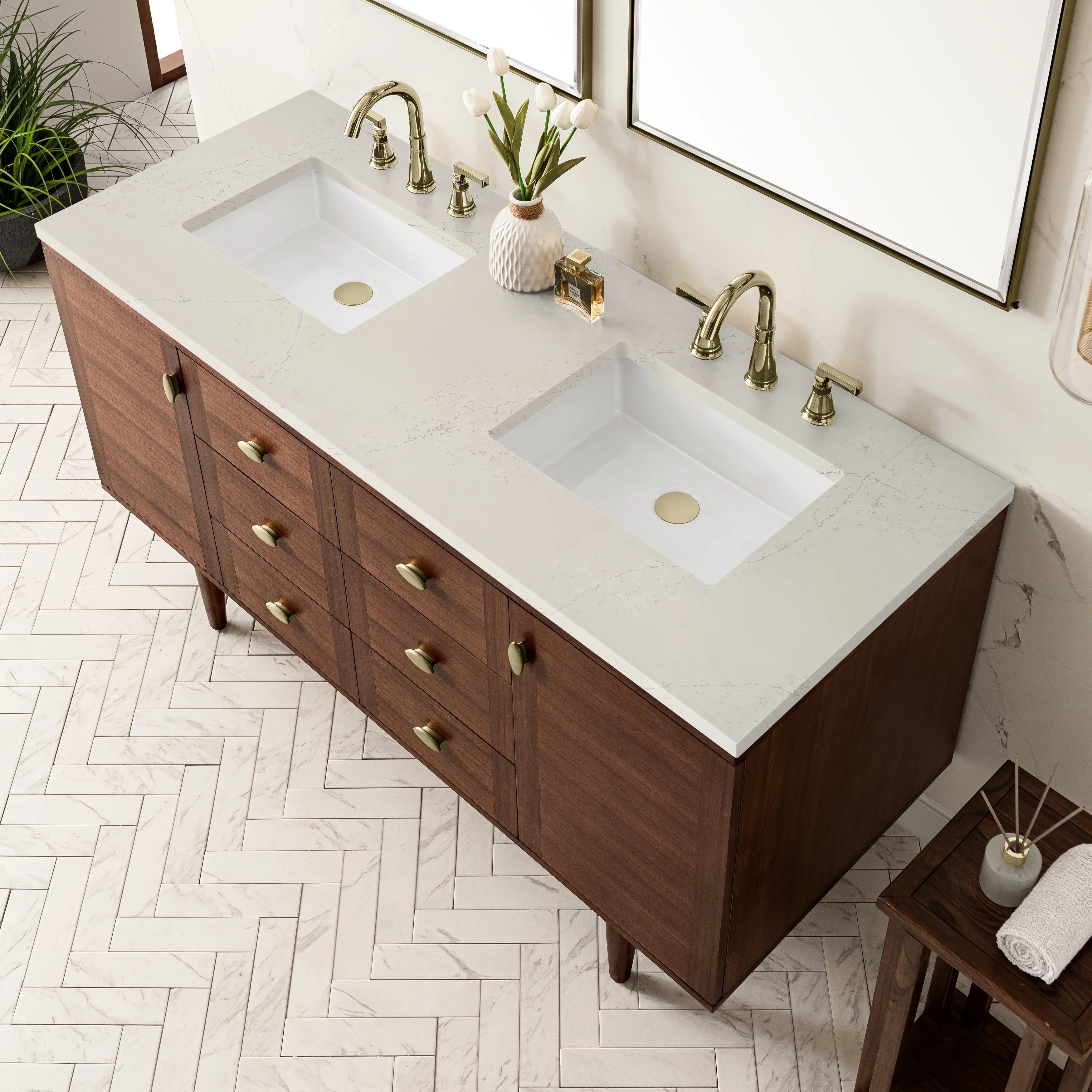 Amberly 60" Double Vanity, Mid-Century Walnut, w/ 3 CM Siberian Silestone Top