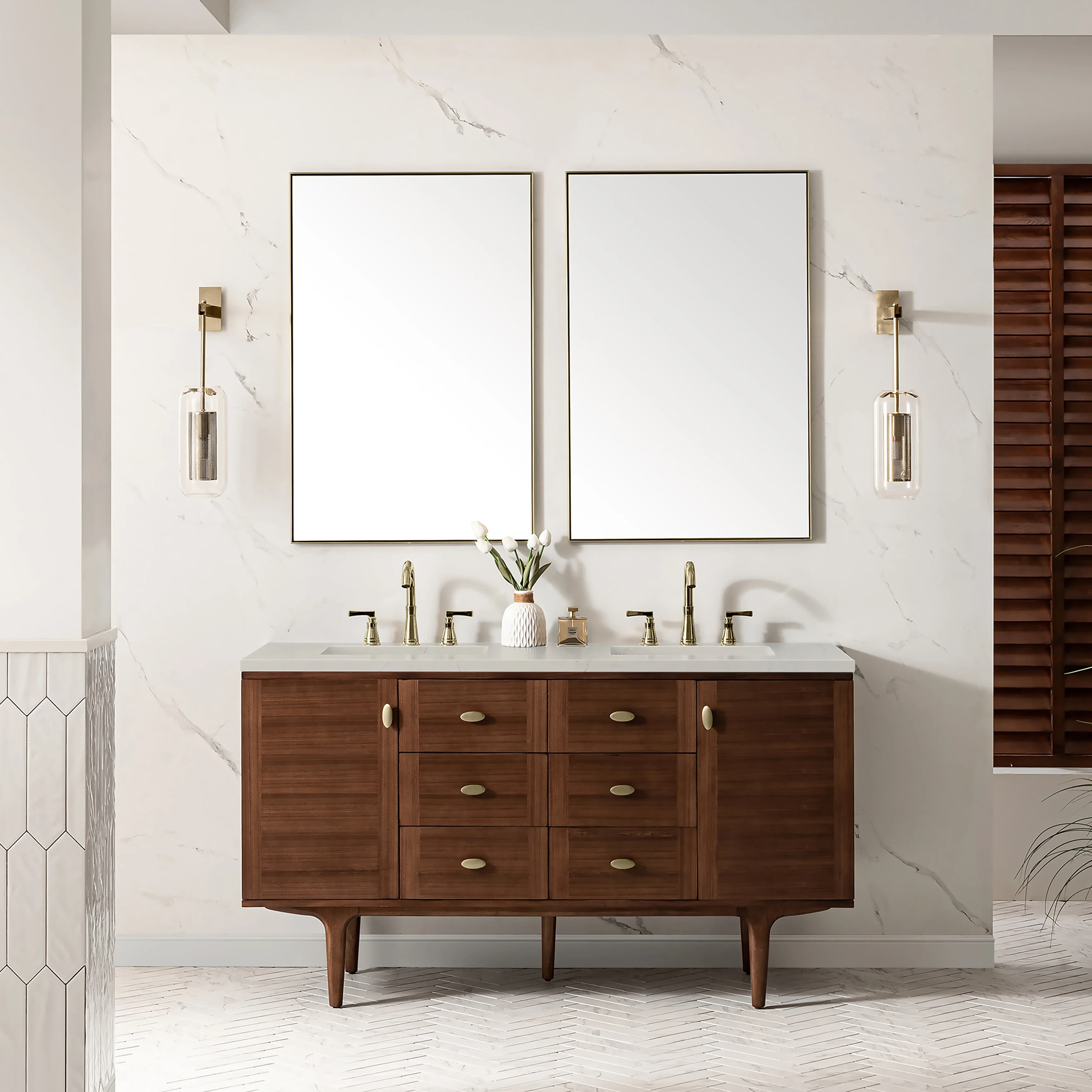Amberly 60" Double Vanity, Mid-Century Walnut, w/ 3 CM Siberian Silestone Top