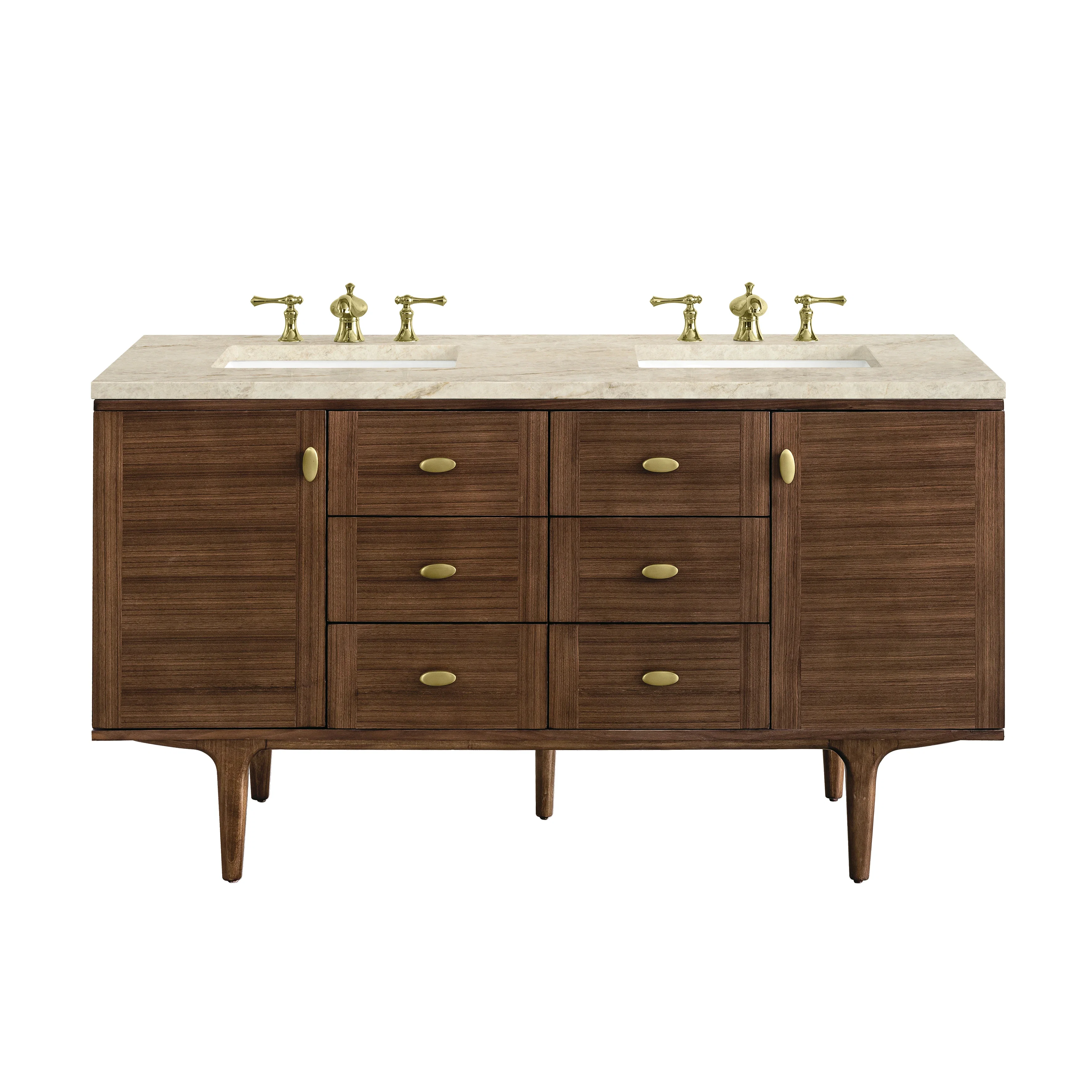 Amberly 60" Double Vanity, Mid-Century Walnut, w/ 3 CM Tajnar Eclos Top