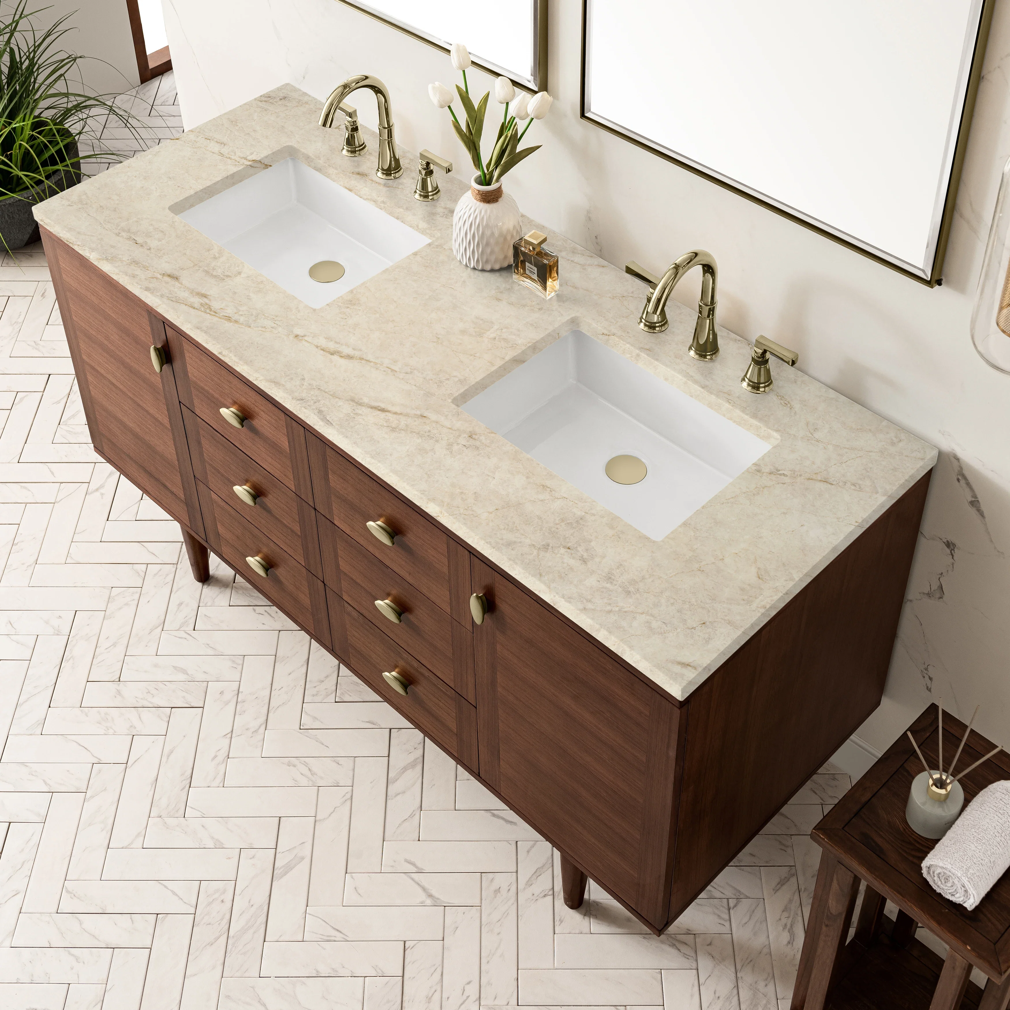 Amberly 60" Double Vanity, Mid-Century Walnut, w/ 3 CM Tajnar Eclos Top