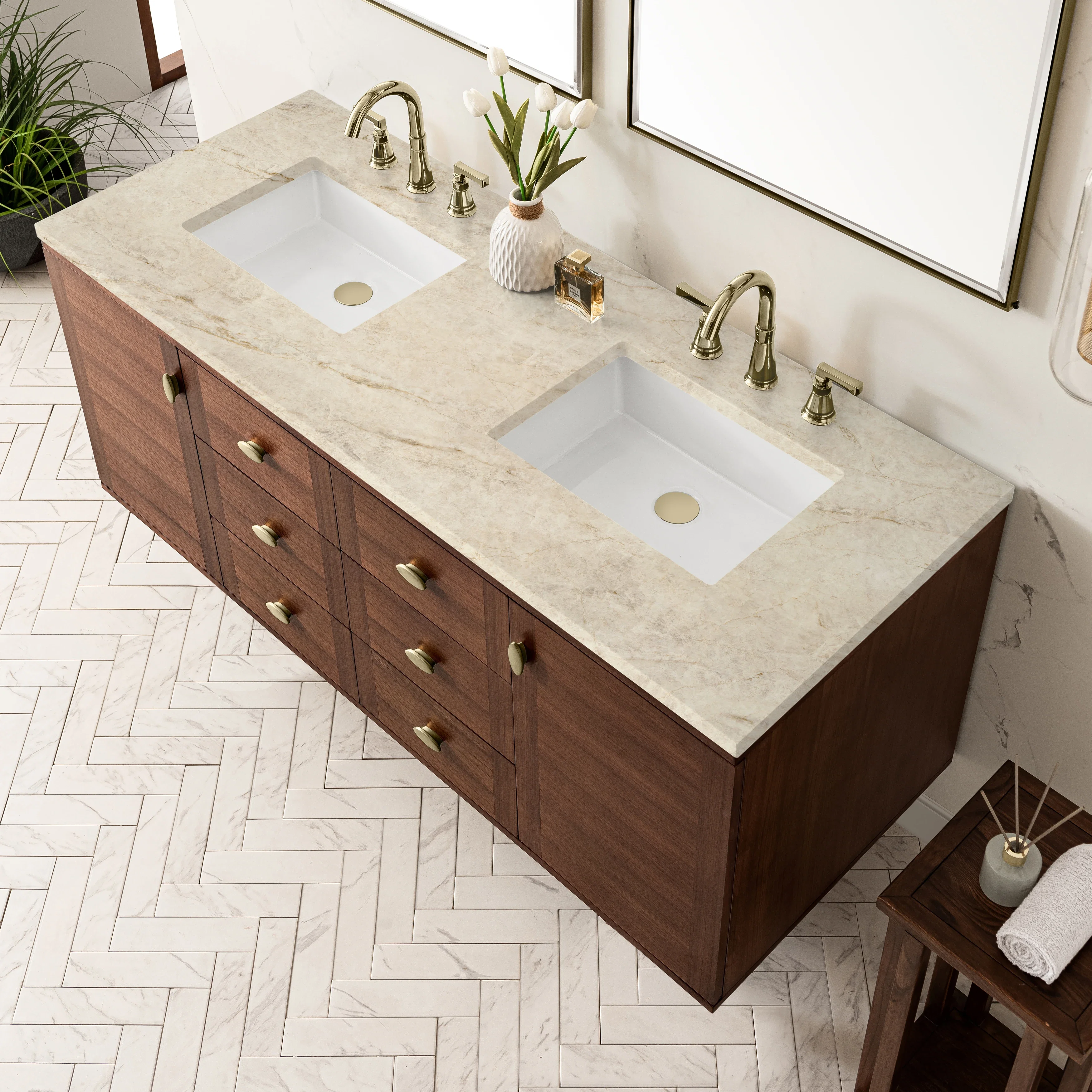 Amberly 60" Double Vanity, Mid-Century Walnut, w/ 3 CM Tajnar Eclos Top
