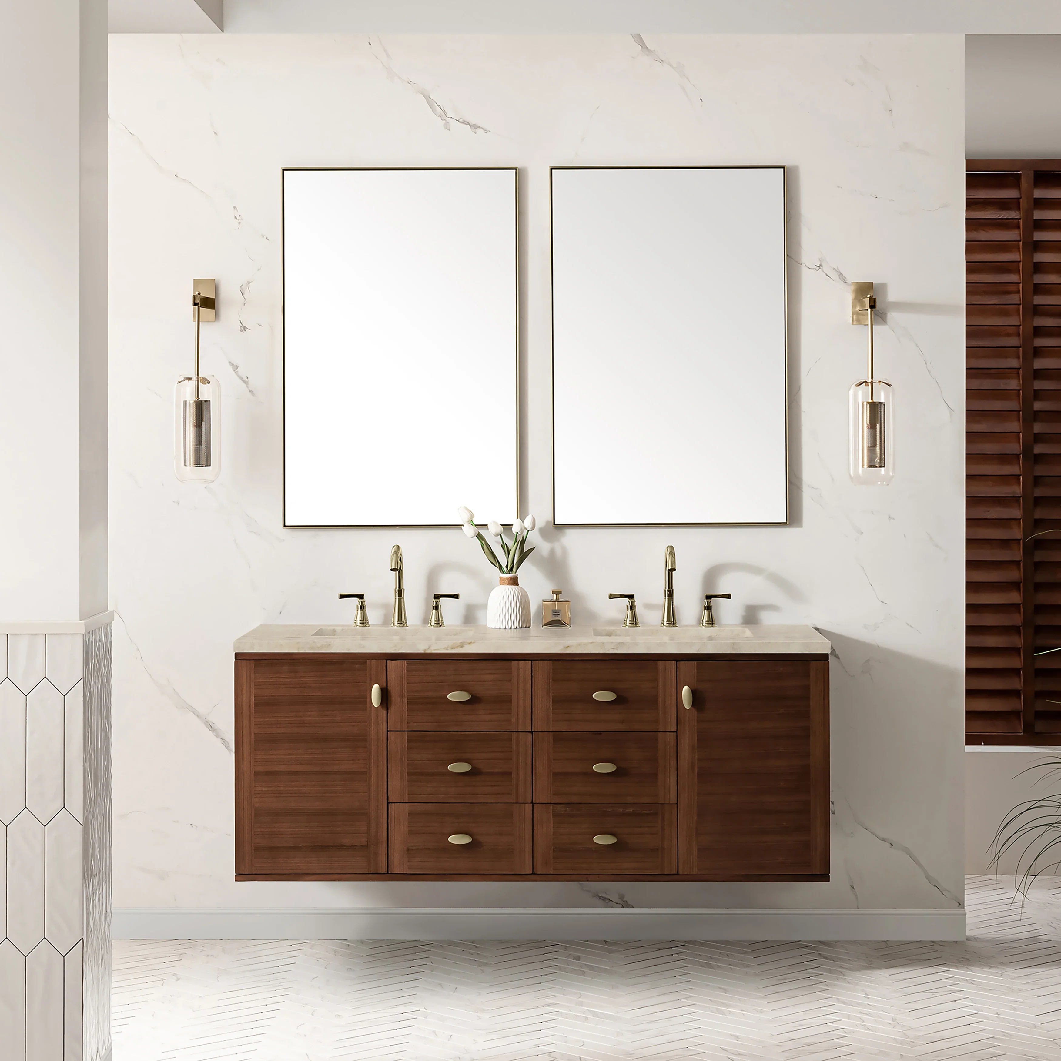 Amberly 60" Double Vanity, Mid-Century Walnut, w/ 3 CM Tajnar Eclos Top