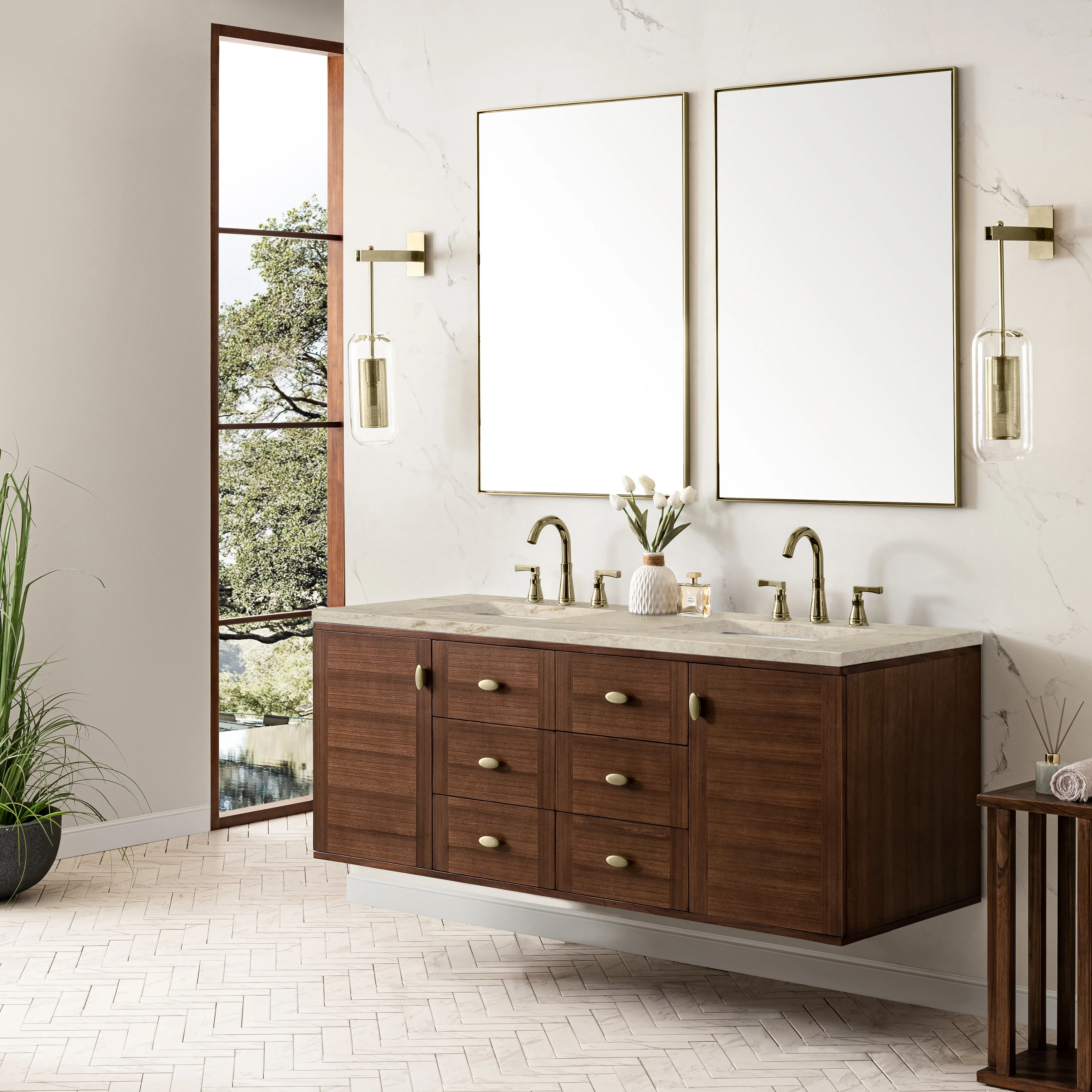 Amberly 60" Double Vanity, Mid-Century Walnut, w/ 3 CM Tajnar Eclos Top
