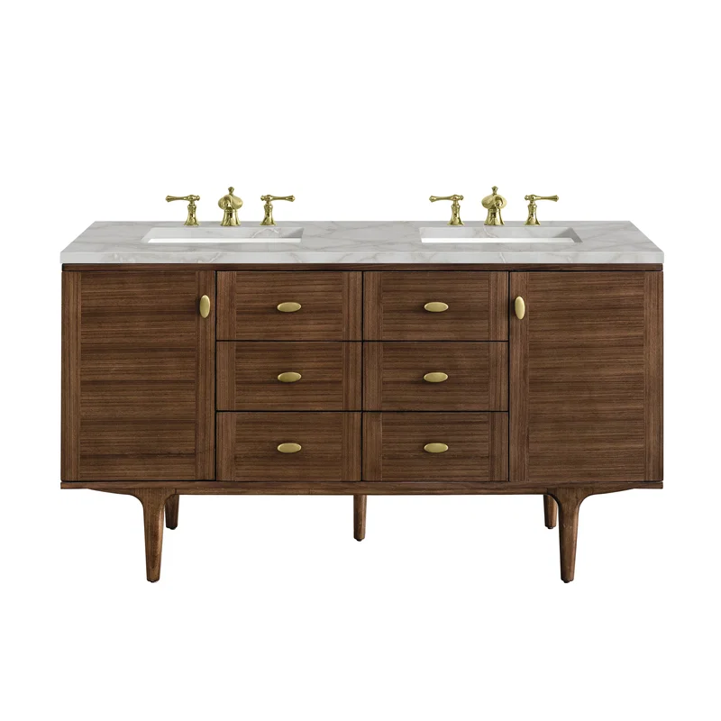 Amberly 60" Double Vanity, Mid-Century Walnut w/ 3 CM Victorian Silver Top