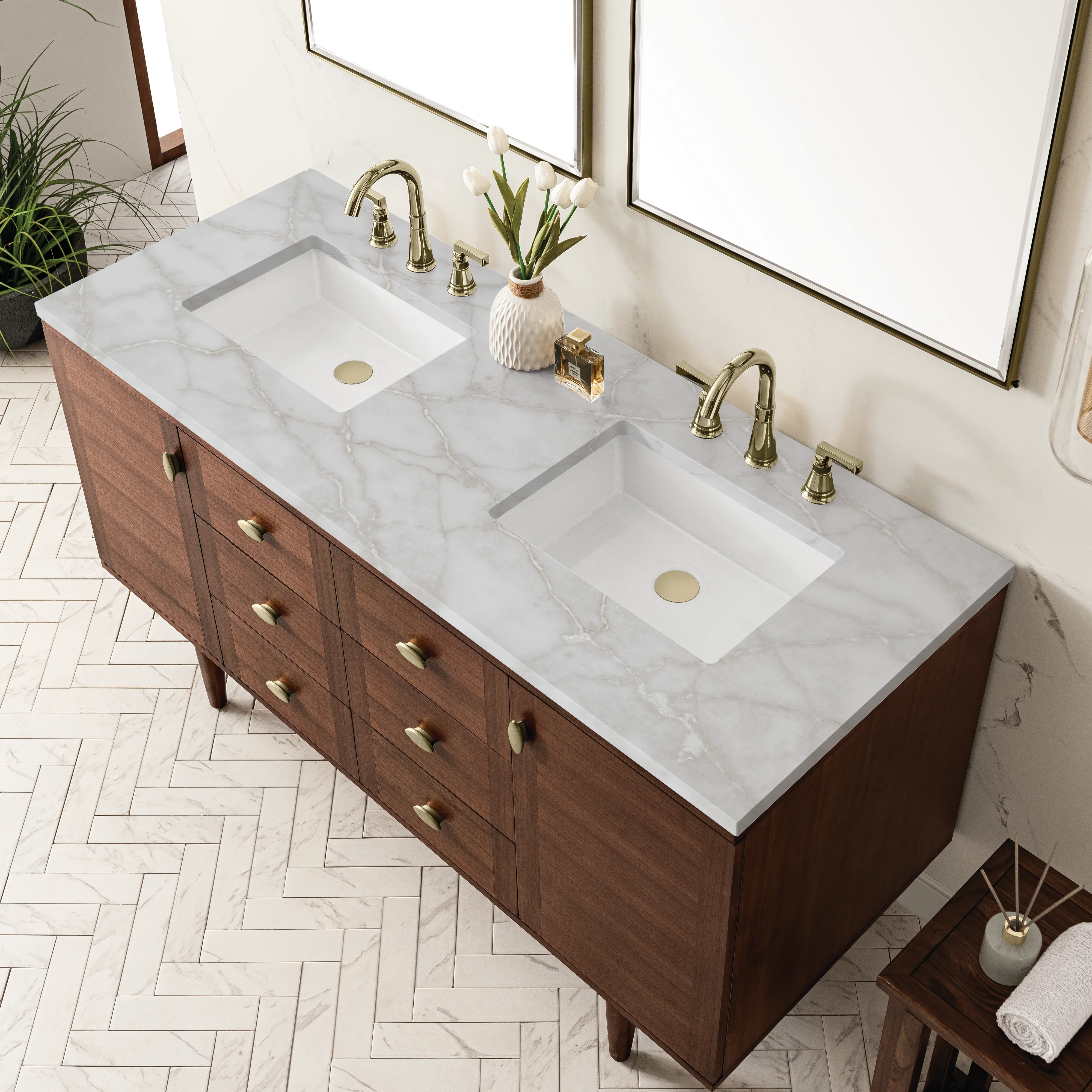 Amberly 60" Double Vanity, Mid-Century Walnut w/ 3 CM Victorian Silver Top