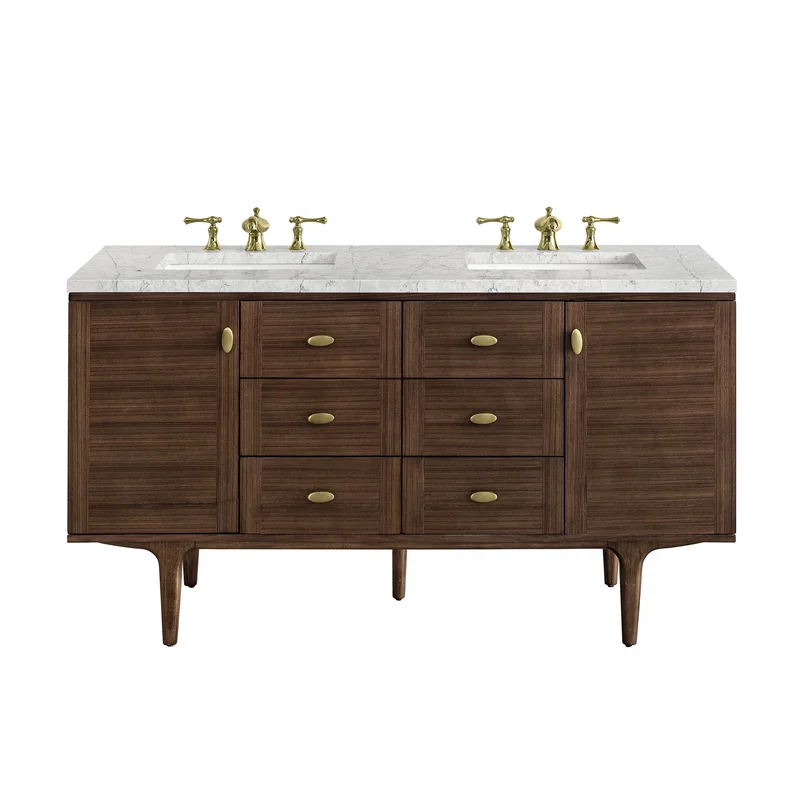 Amberly 60" Double Vanity, Mid-Century Walnut w/ 3 CM Eternal Jasmine Pearl Top w/FreePower Wireless Charger