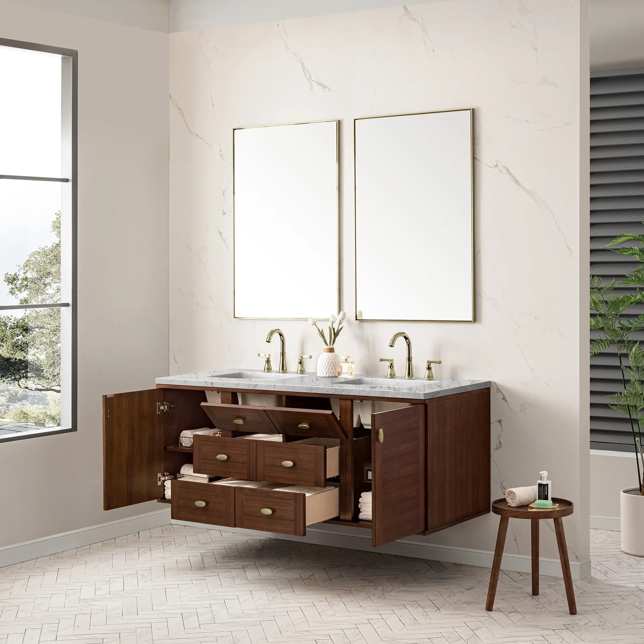 Amberly 60" Double Vanity, Mid-Century Walnut w/ 3 CM Eternal Jasmine Pearl Top w/FreePower Wireless Charger