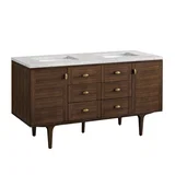 Amberly 60" Double Vanity, Mid-Century Walnut w/ 3 CM Eternal Jasmine Pearl Top w/FreePower Wireless Charger