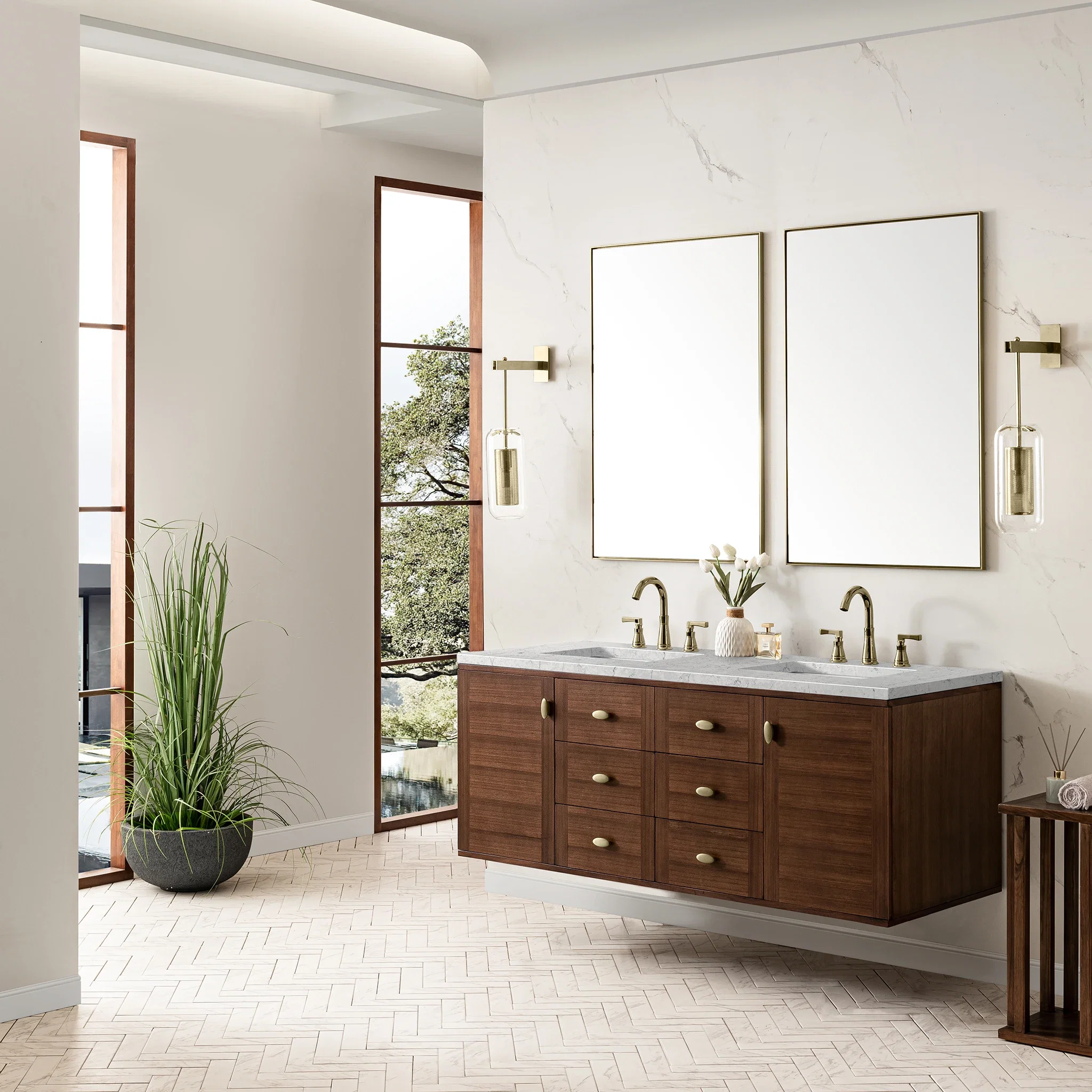 Amberly 60" Double Vanity, Mid-Century Walnut w/ 3 CM Eternal Jasmine Pearl Top w/FreePower Wireless Charger