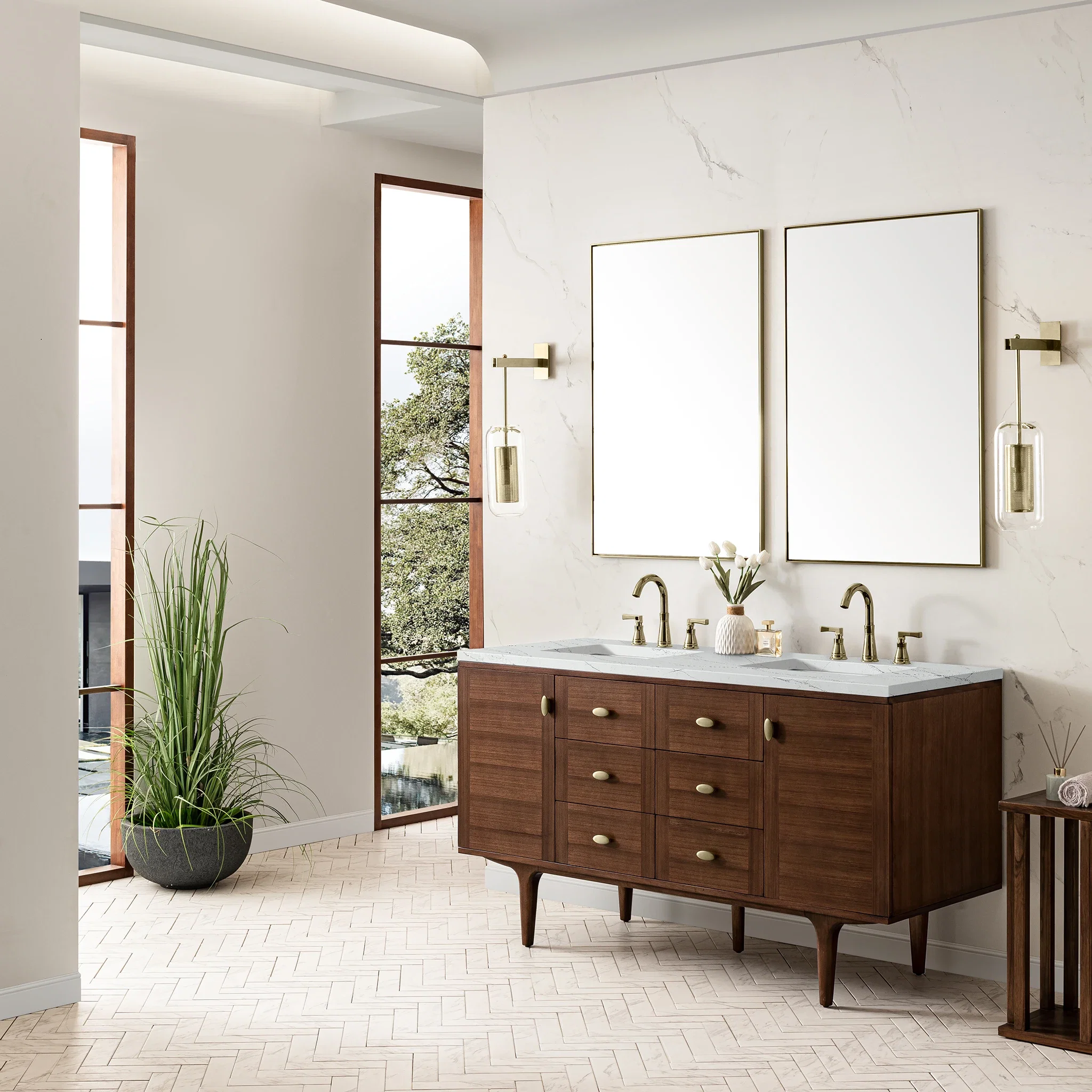 Amberly 60" Double Vanity, Mid-Century Walnut w/ 3 CM Ethereal Noctis Top w/FreePower Wireless Charger
