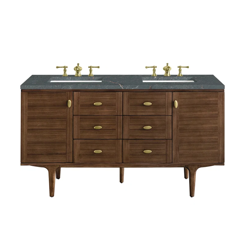 Amberly 60" Double Vanity, Mid-Century Walnut w/ 3 CM Parisien Bleu Top w/FreePower Wireless Charger