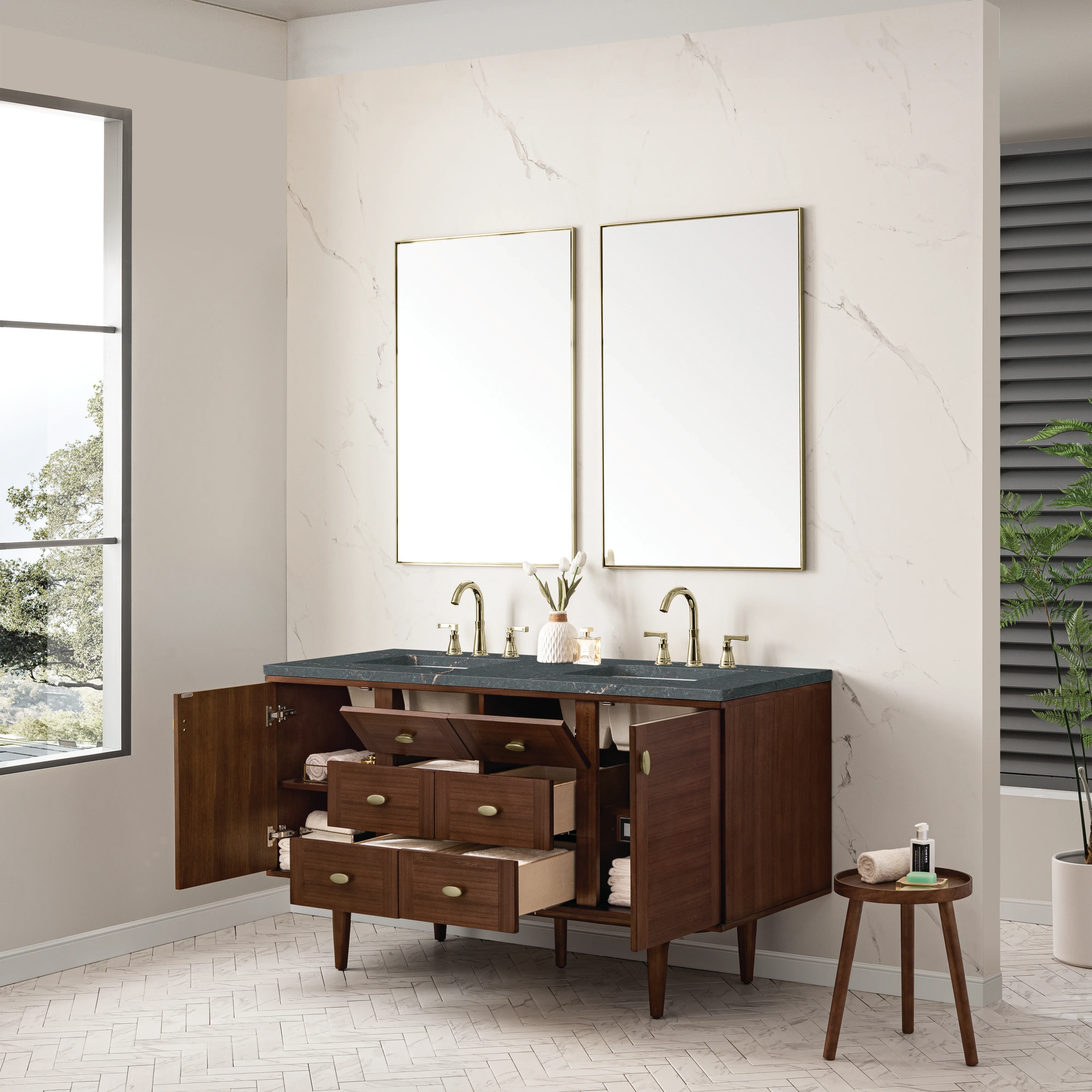 Amberly 60" Double Vanity, Mid-Century Walnut w/ 3 CM Parisien Bleu Top w/FreePower Wireless Charger
