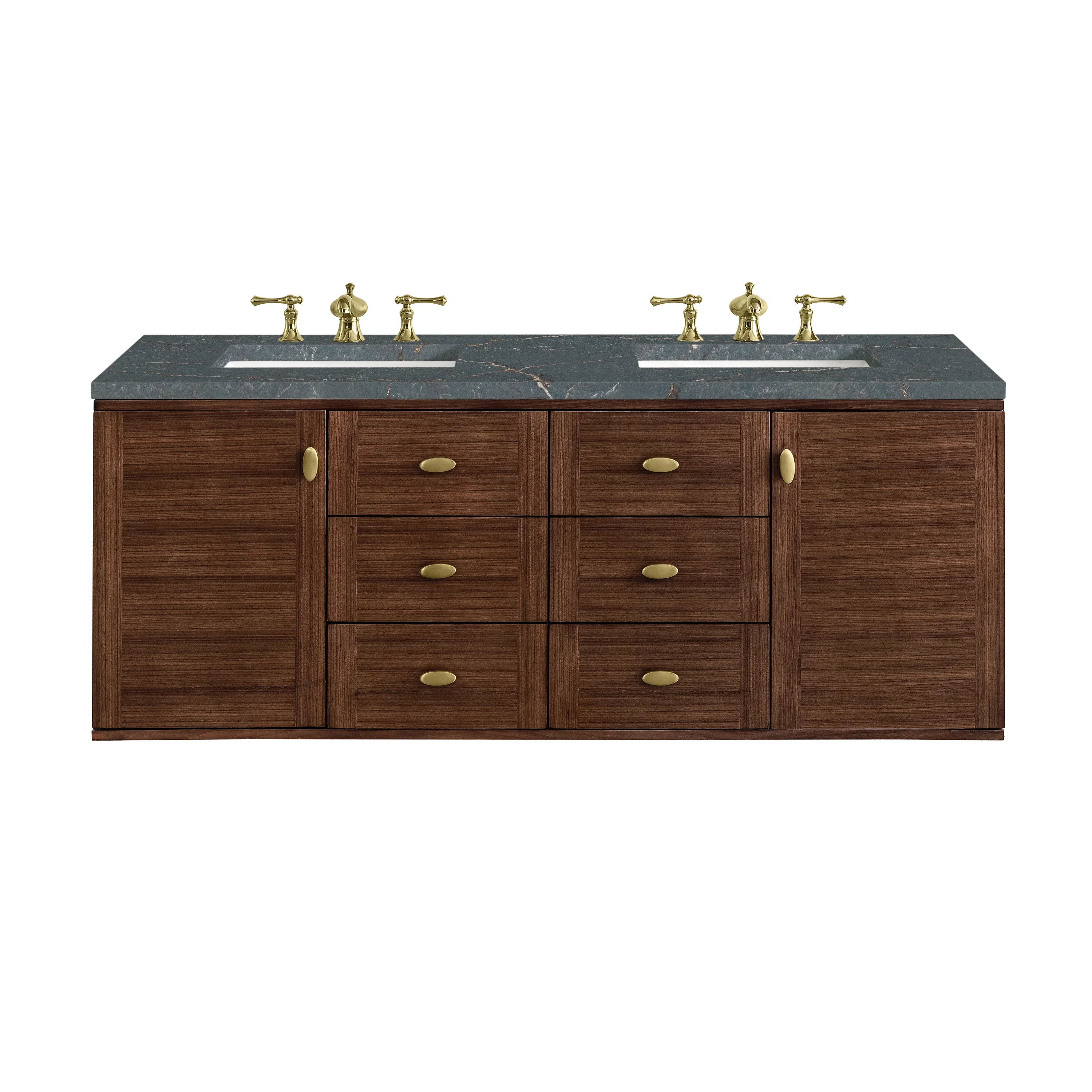 Amberly 60" Double Vanity, Mid-Century Walnut w/ 3 CM Parisien Bleu Top w/FreePower Wireless Charger