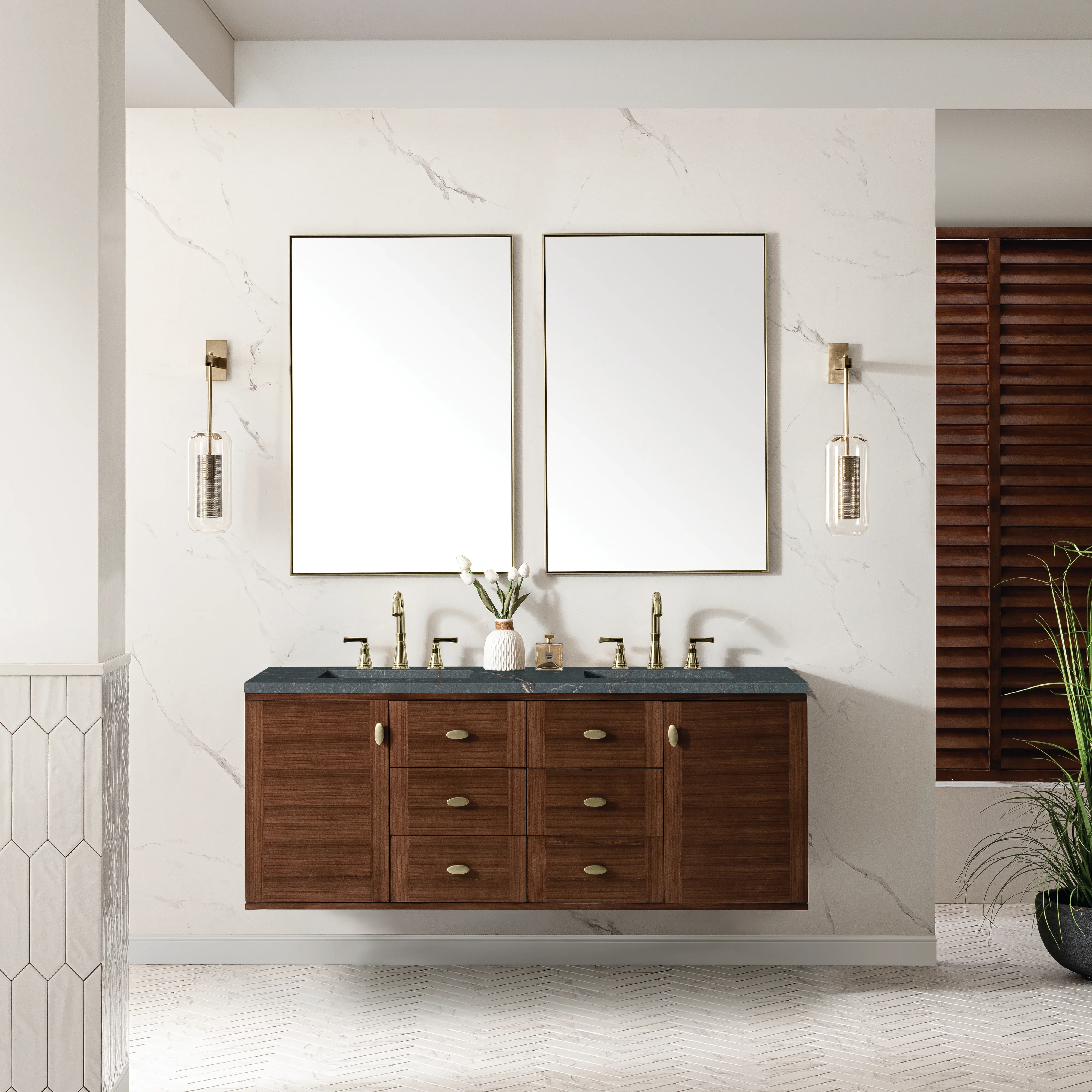 Amberly 60" Double Vanity, Mid-Century Walnut w/ 3 CM Parisien Bleu Top w/FreePower Wireless Charger