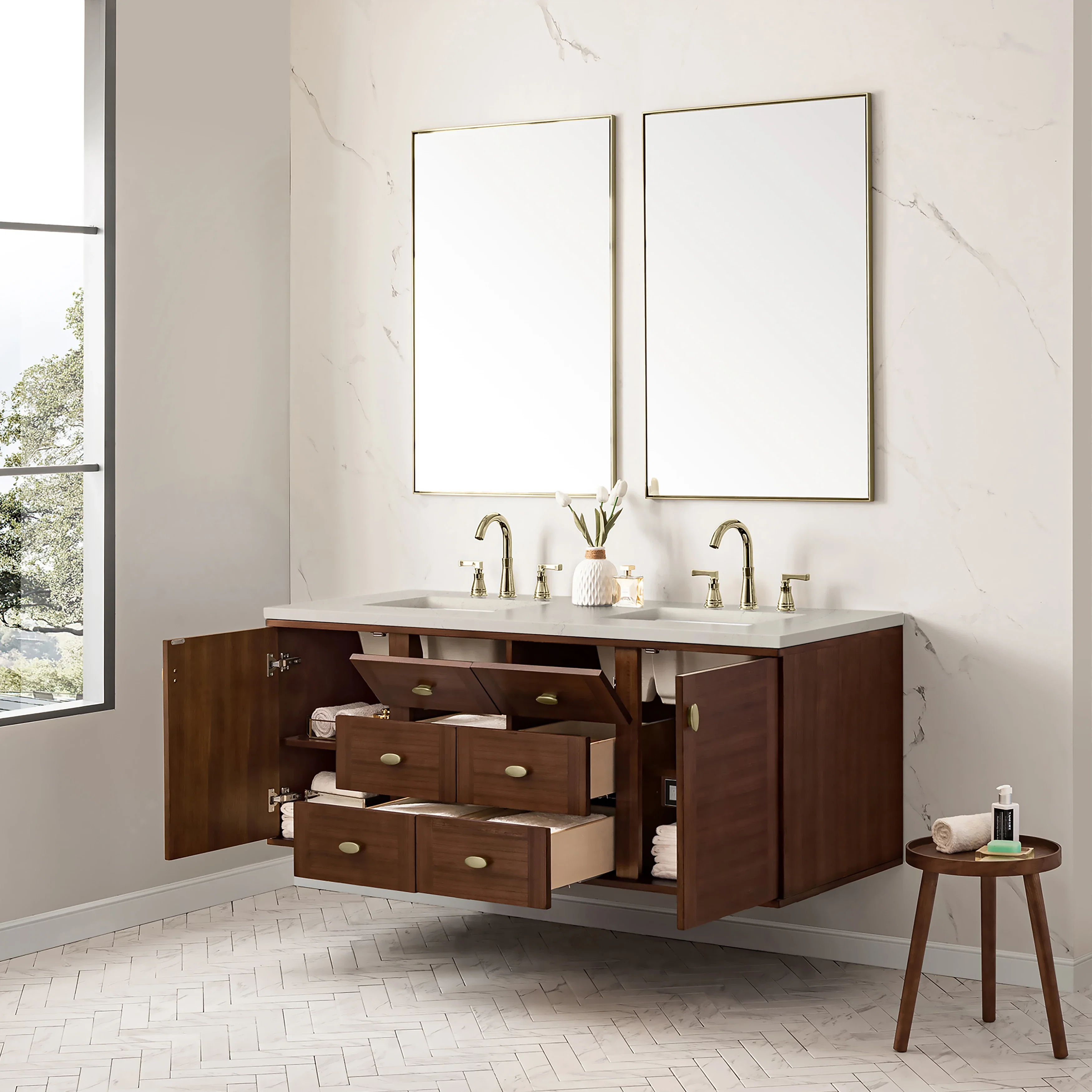 Amberly 60" Double Vanity, Mid-Century Walnut, w/ 3 CM Siberian Silestone Top w/FreePower Wireless Charger