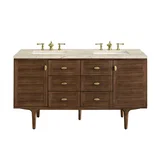 Amberly 60" Double Vanity, Mid-Century Walnut, w/ 3 CM Tajnar Eclos Top w/FreePower Wireless Charger