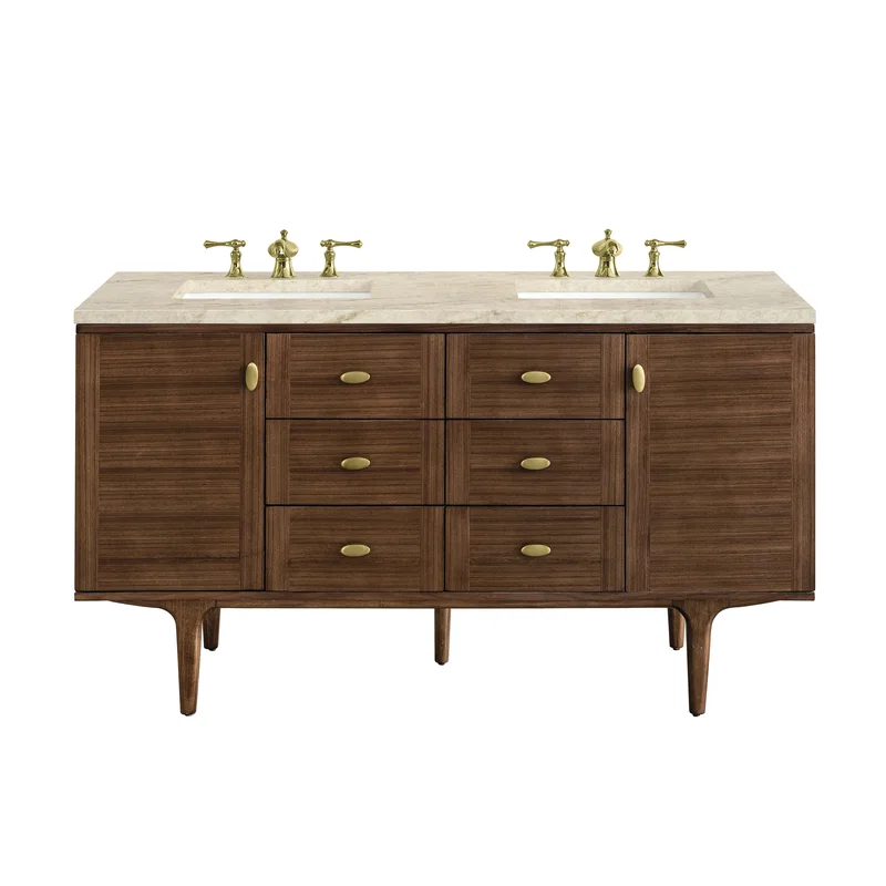 Amberly 60" Double Vanity, Mid-Century Walnut, w/ 3 CM Tajnar Eclos Top w/FreePower Wireless Charger