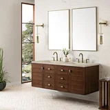 Amberly 60" Double Vanity, Mid-Century Walnut, w/ 3 CM Tajnar Eclos Top w/FreePower Wireless Charger