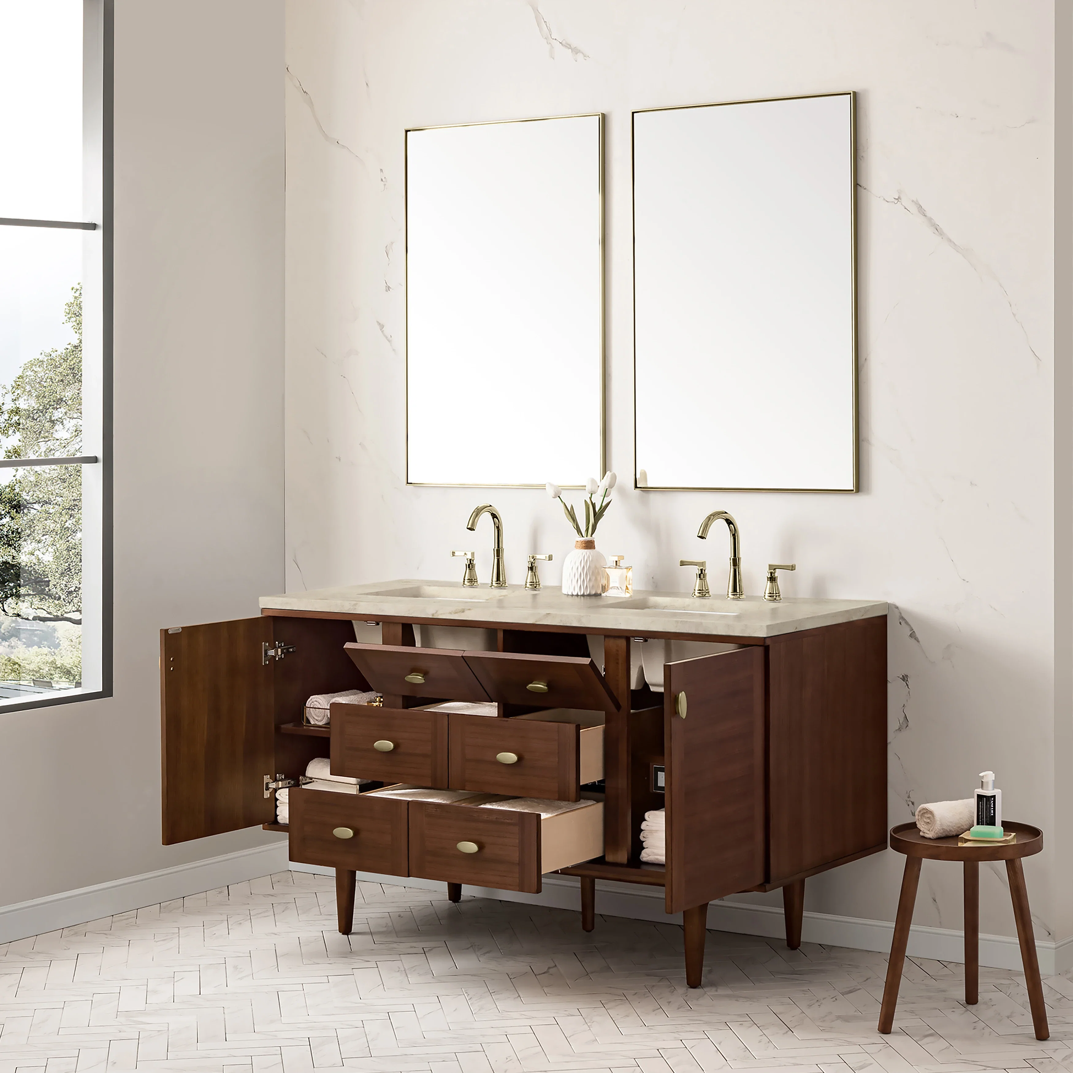 Amberly 60" Double Vanity, Mid-Century Walnut, w/ 3 CM Tajnar Eclos Top w/FreePower Wireless Charger