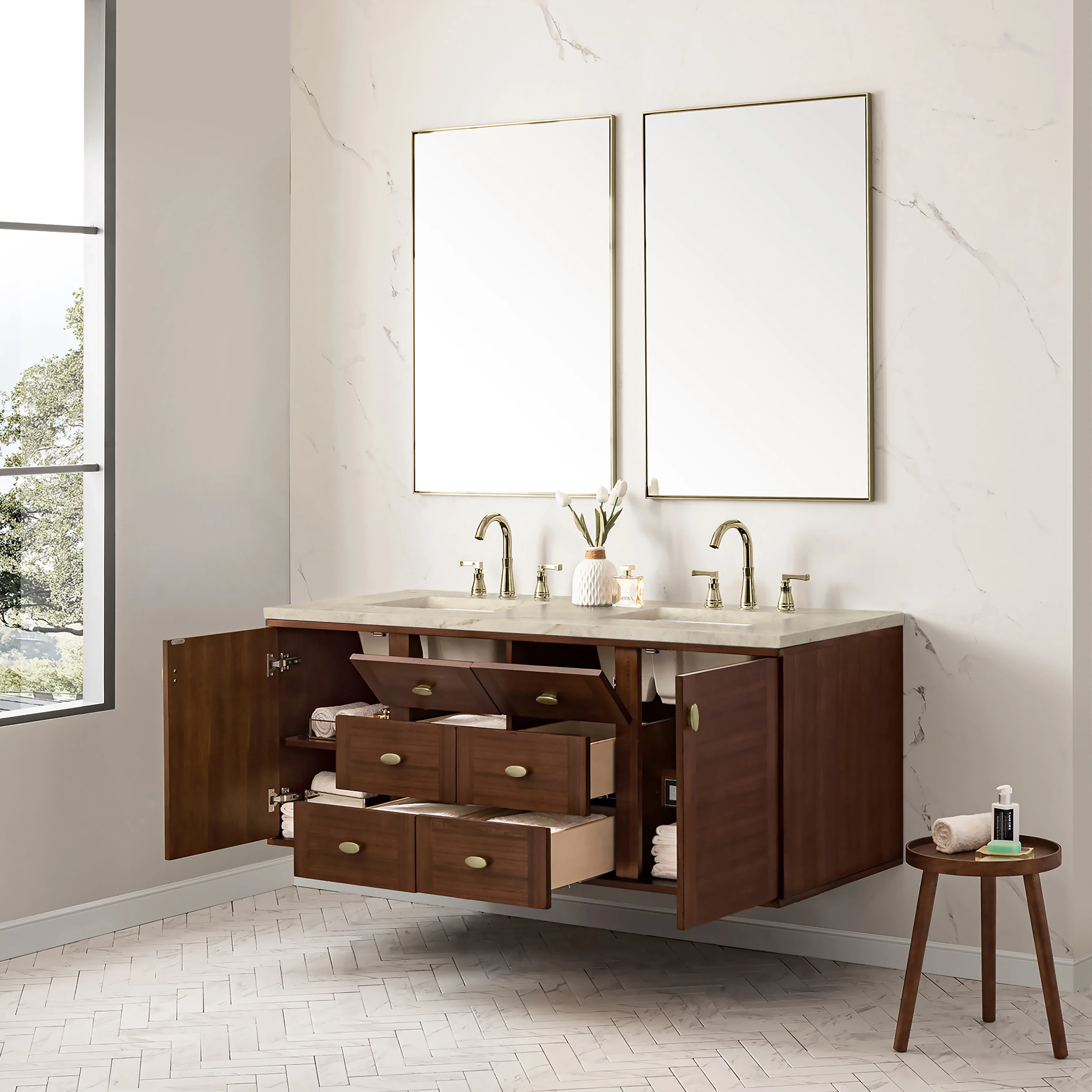 Amberly 60" Double Vanity, Mid-Century Walnut, w/ 3 CM Tajnar Eclos Top w/FreePower Wireless Charger