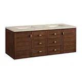 Amberly 60" Double Vanity, Mid-Century Walnut, w/ 3 CM Tajnar Eclos Top w/FreePower Wireless Charger
