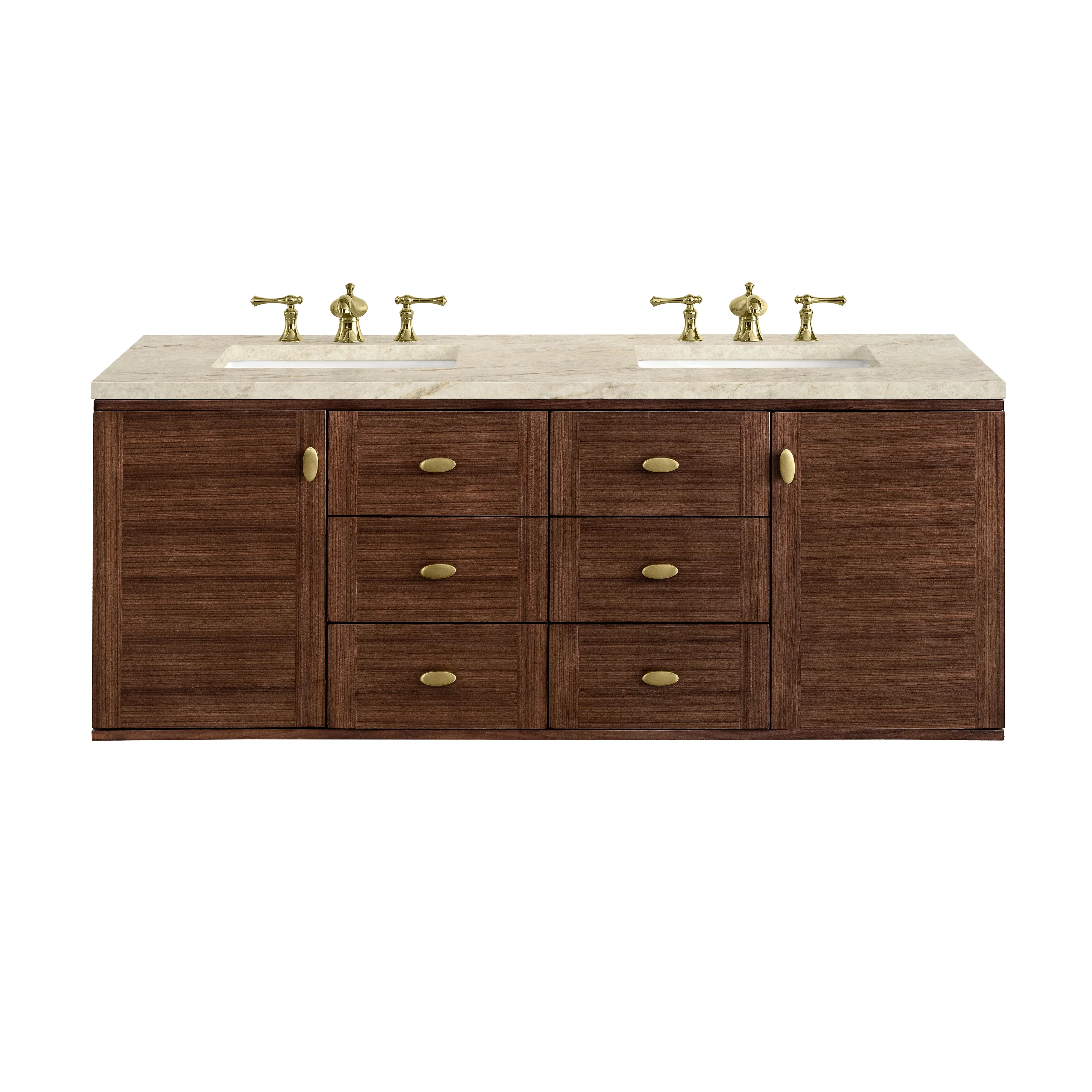Amberly 60" Double Vanity, Mid-Century Walnut, w/ 3 CM Tajnar Eclos Top w/FreePower Wireless Charger