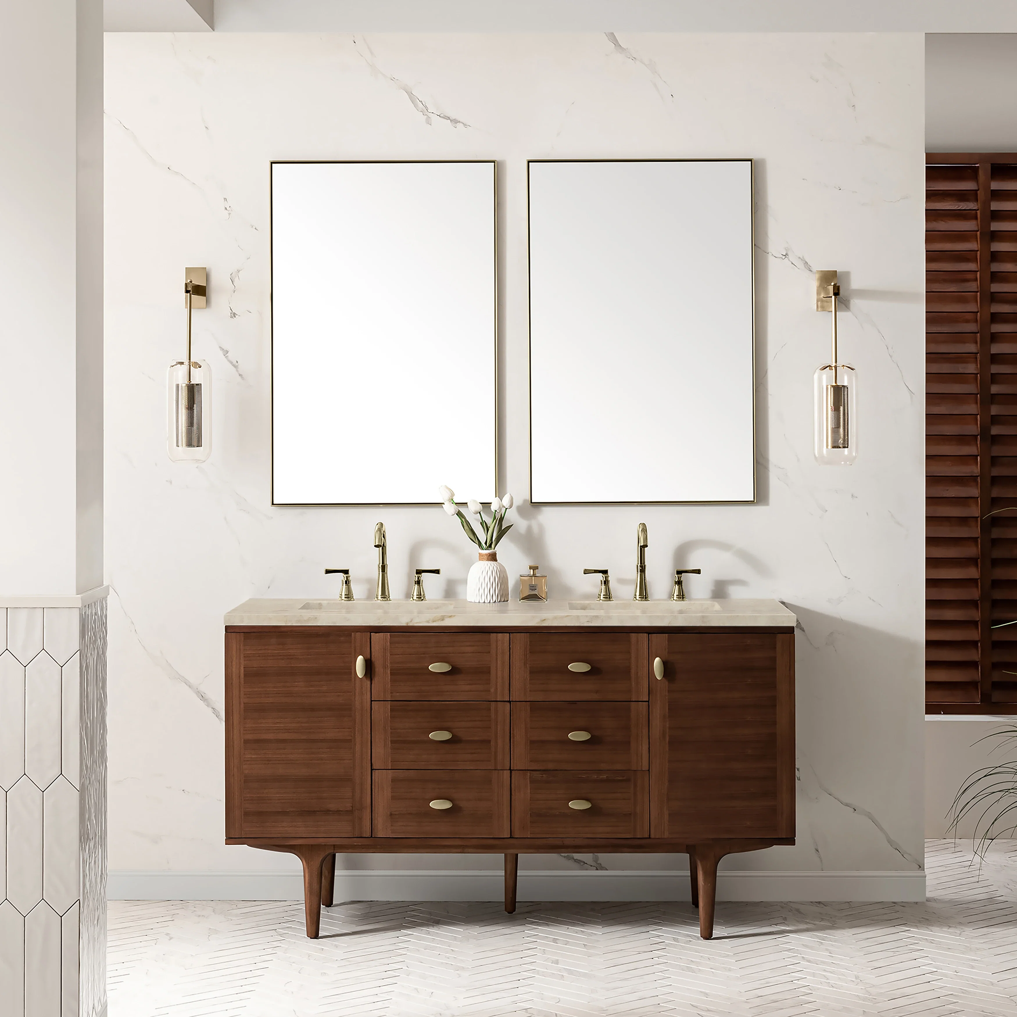 Amberly 60" Double Vanity, Mid-Century Walnut, w/ 3 CM Tajnar Eclos Top w/FreePower Wireless Charger