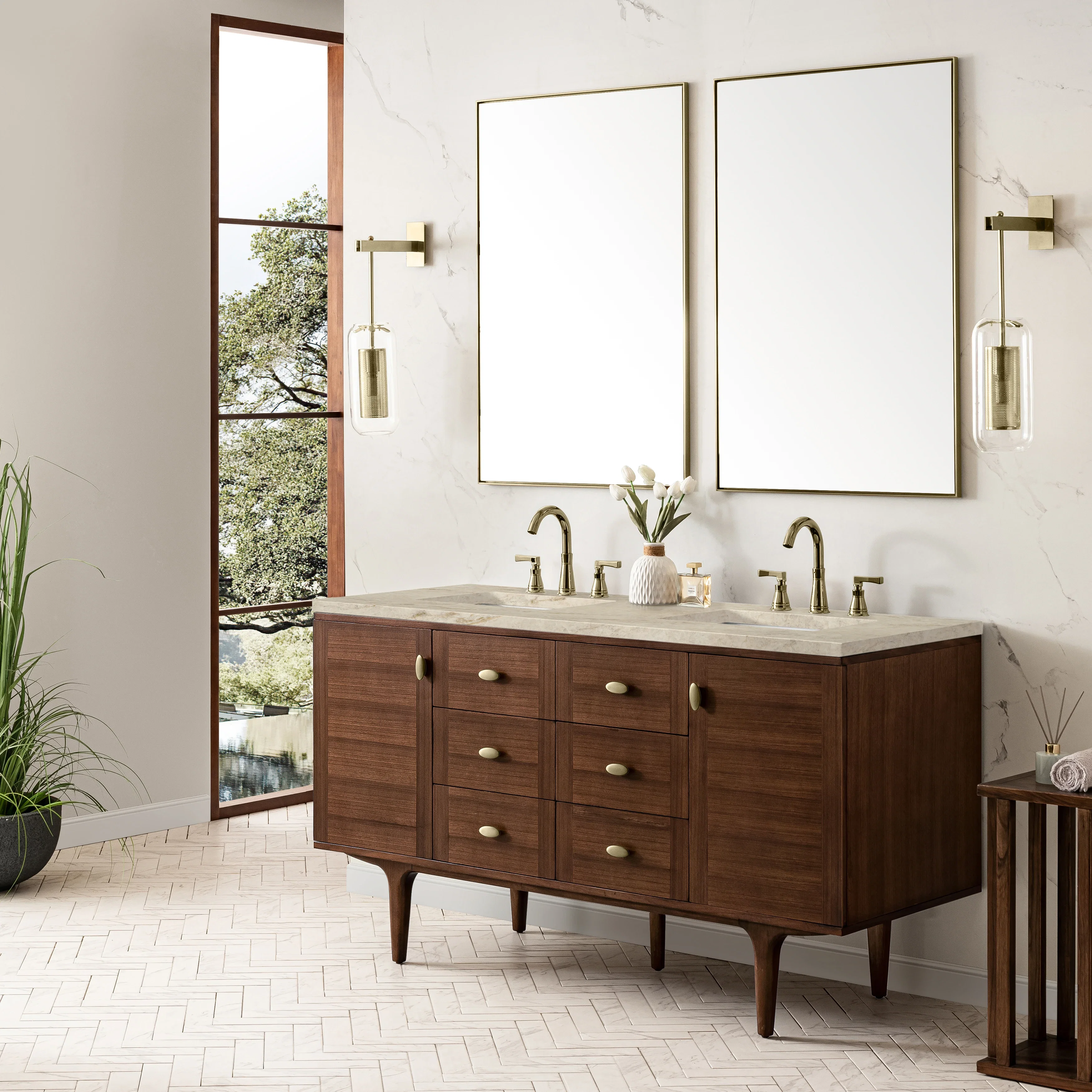 Amberly 60" Double Vanity, Mid-Century Walnut, w/ 3 CM Tajnar Eclos Top w/FreePower Wireless Charger