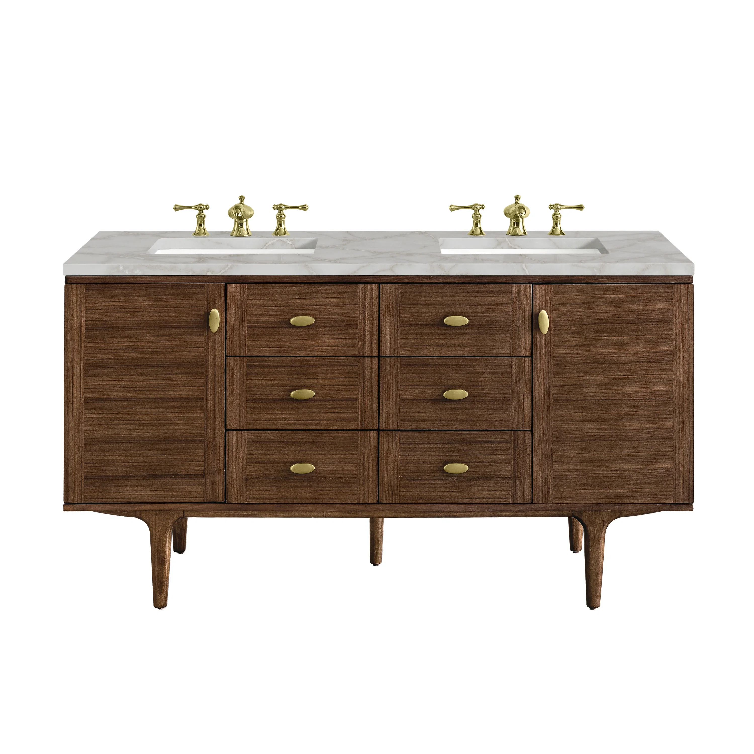 Amberly 60" Double Vanity, Mid-Century Walnut w/ 3 CM Victorian Silver Top w/FreePower Wireless Charger