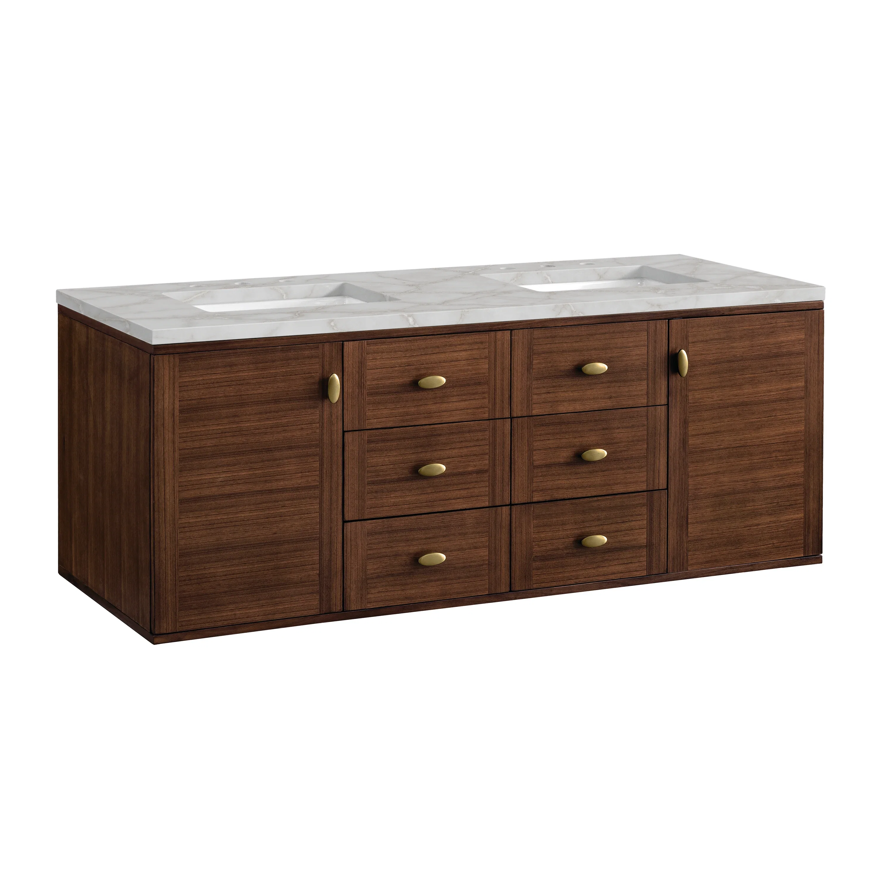 Amberly 60" Double Vanity, Mid-Century Walnut w/ 3 CM Victorian Silver Top w/FreePower Wireless Charger