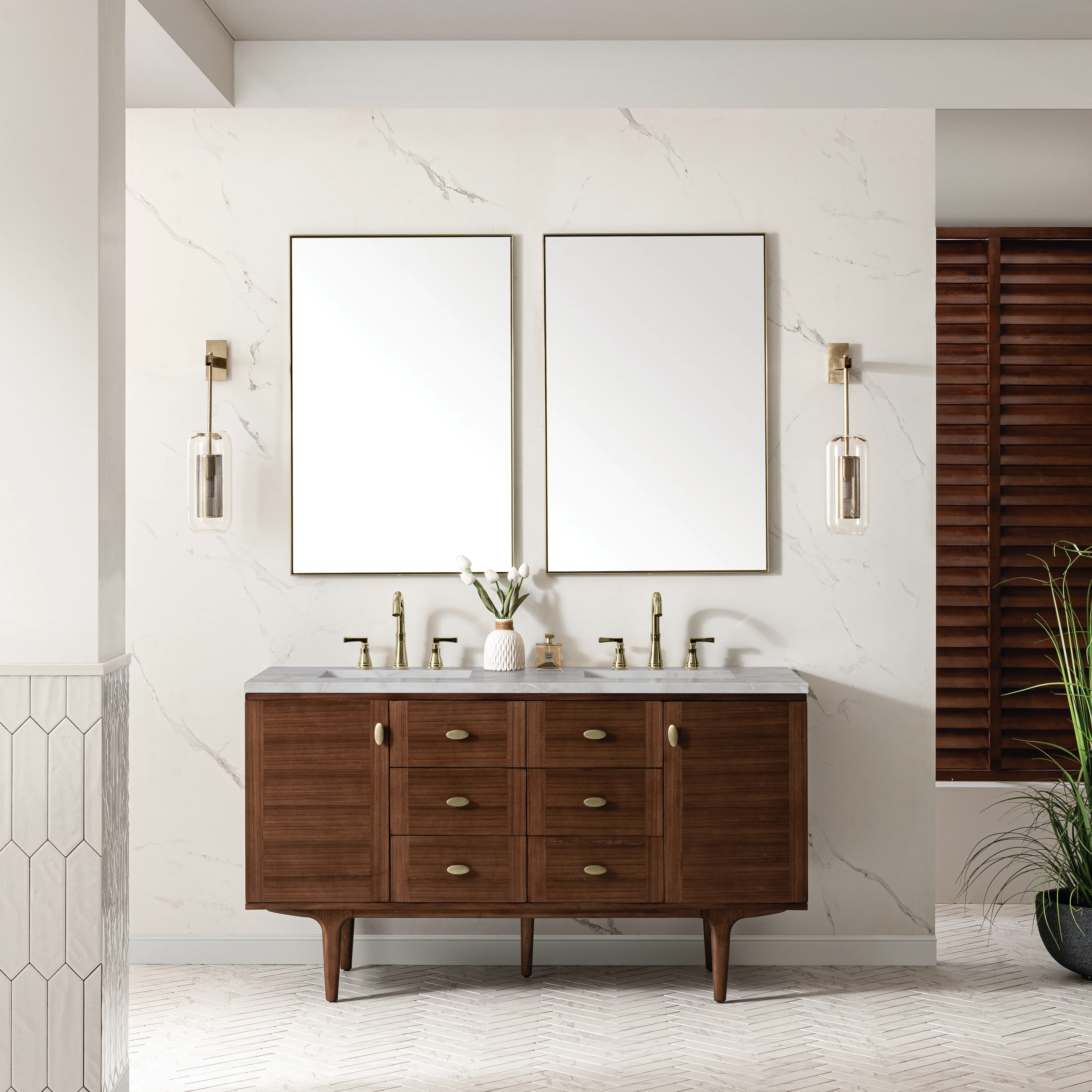 Amberly 60" Double Vanity, Mid-Century Walnut w/ 3 CM Victorian Silver Top w/FreePower Wireless Charger