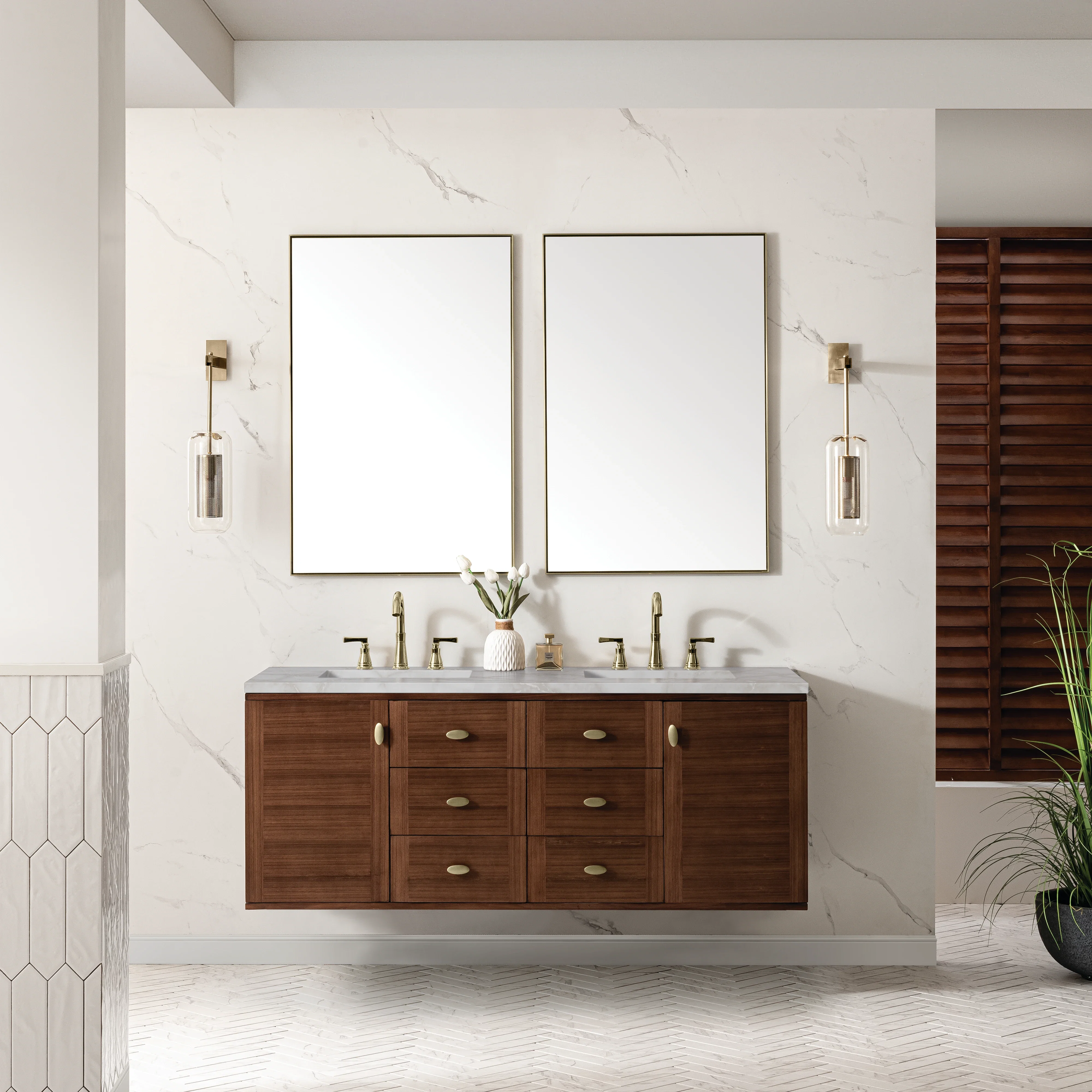 Amberly 60" Double Vanity, Mid-Century Walnut w/ 3 CM Victorian Silver Top w/FreePower Wireless Charger