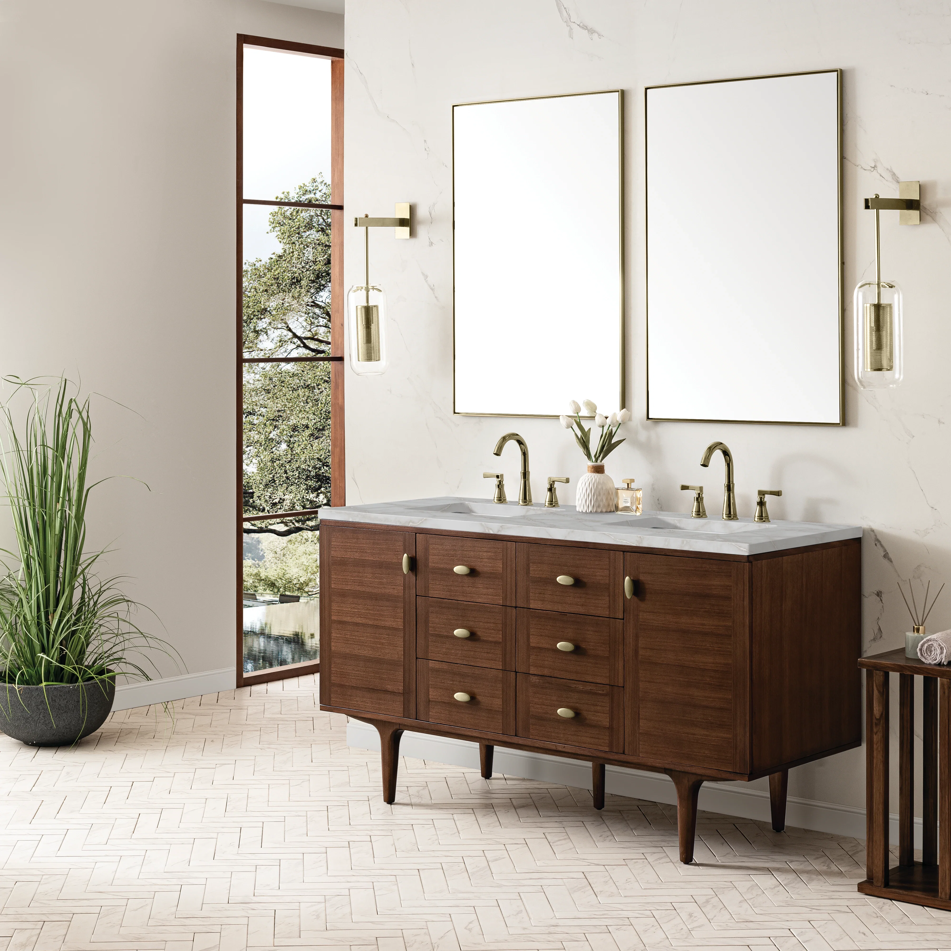 Amberly 60" Double Vanity, Mid-Century Walnut w/ 3 CM Victorian Silver Top w/FreePower Wireless Charger