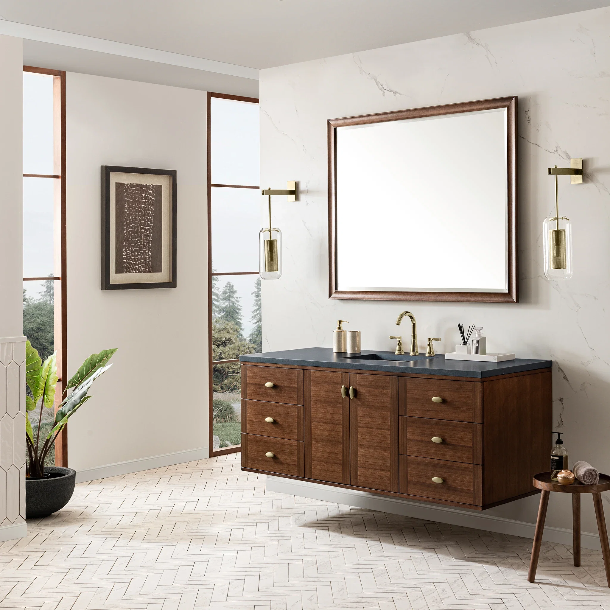 Amberly 60" Single Vanity, Mid-Century Walnut w/ 3 CM Charcoal Soapstone Top