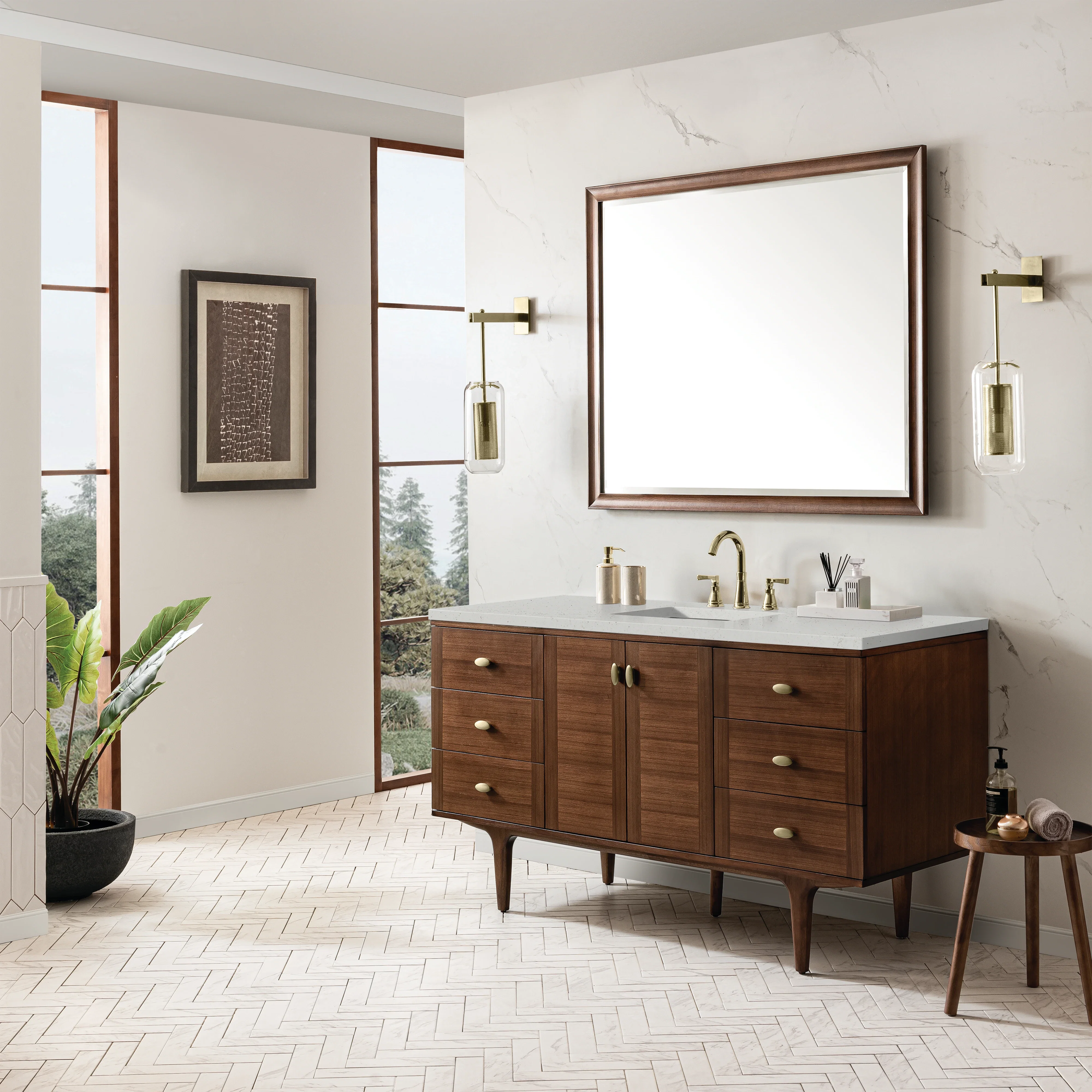 Amberly 60" Single Vanity, Mid-Century Walnut w/ 3 CM Lime Delight Top