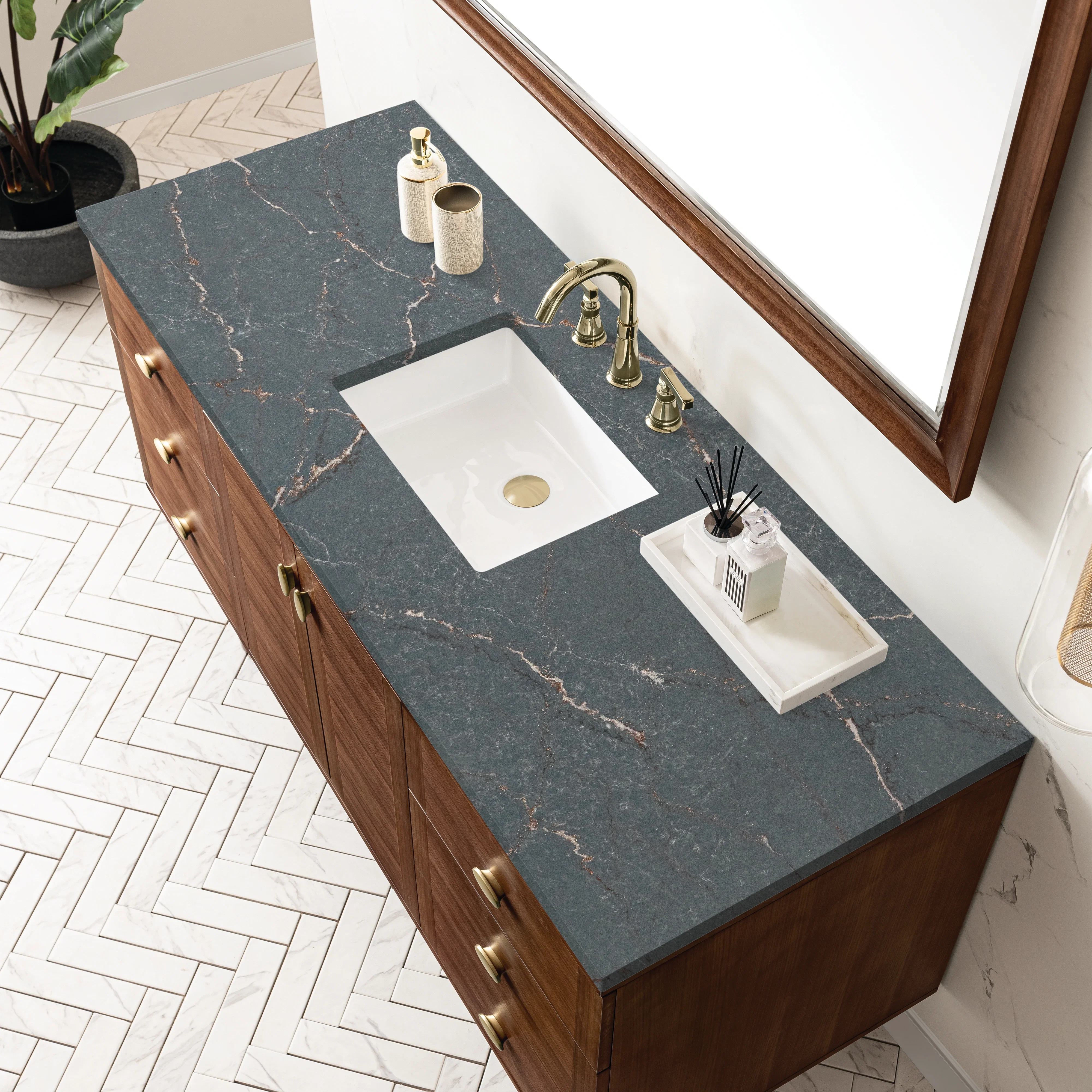 Amberly 60" Single Vanity, Mid-Century Walnut w/ 3 CM Parisien Bleu Top