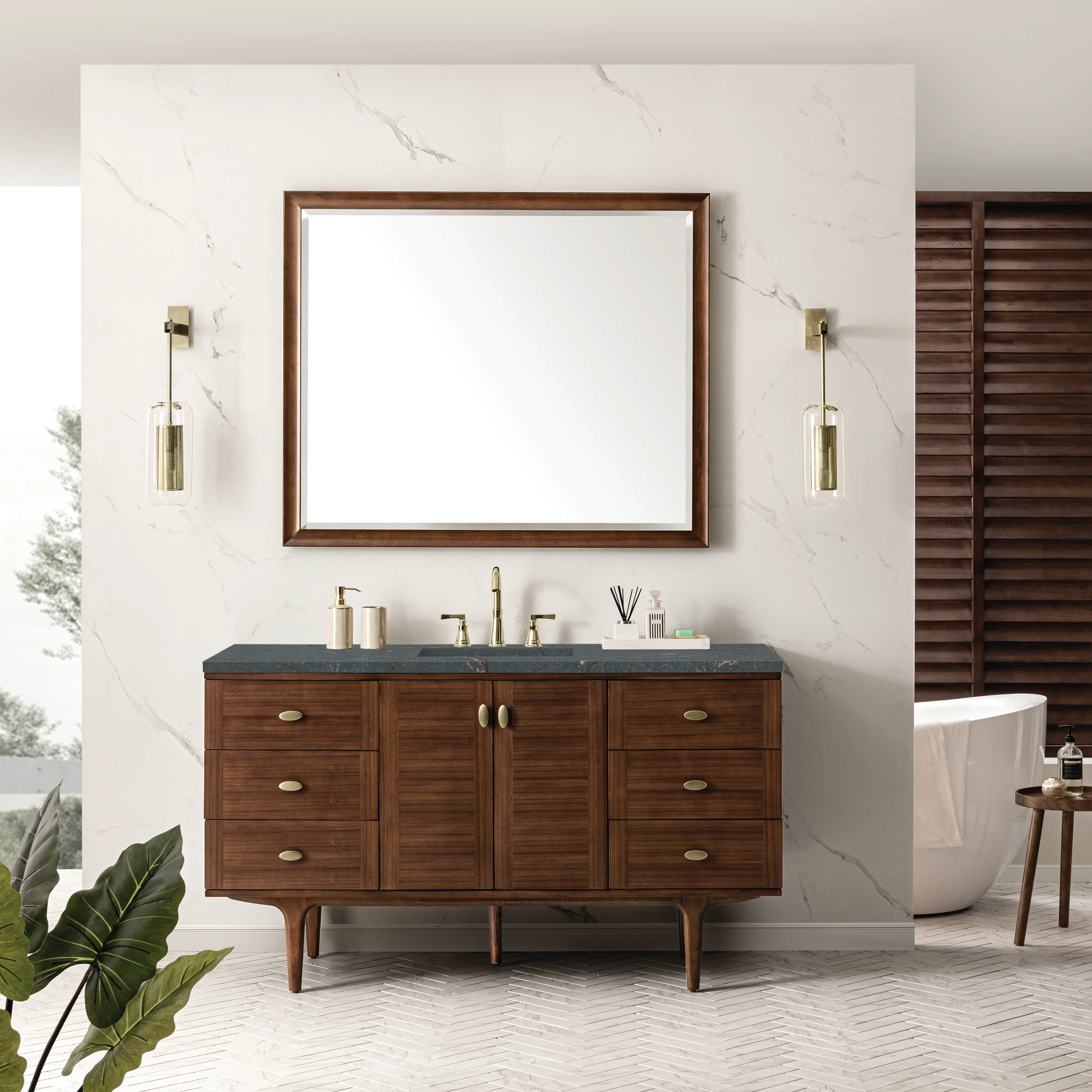 Amberly 60" Single Vanity, Mid-Century Walnut w/ 3 CM Parisien Bleu Top