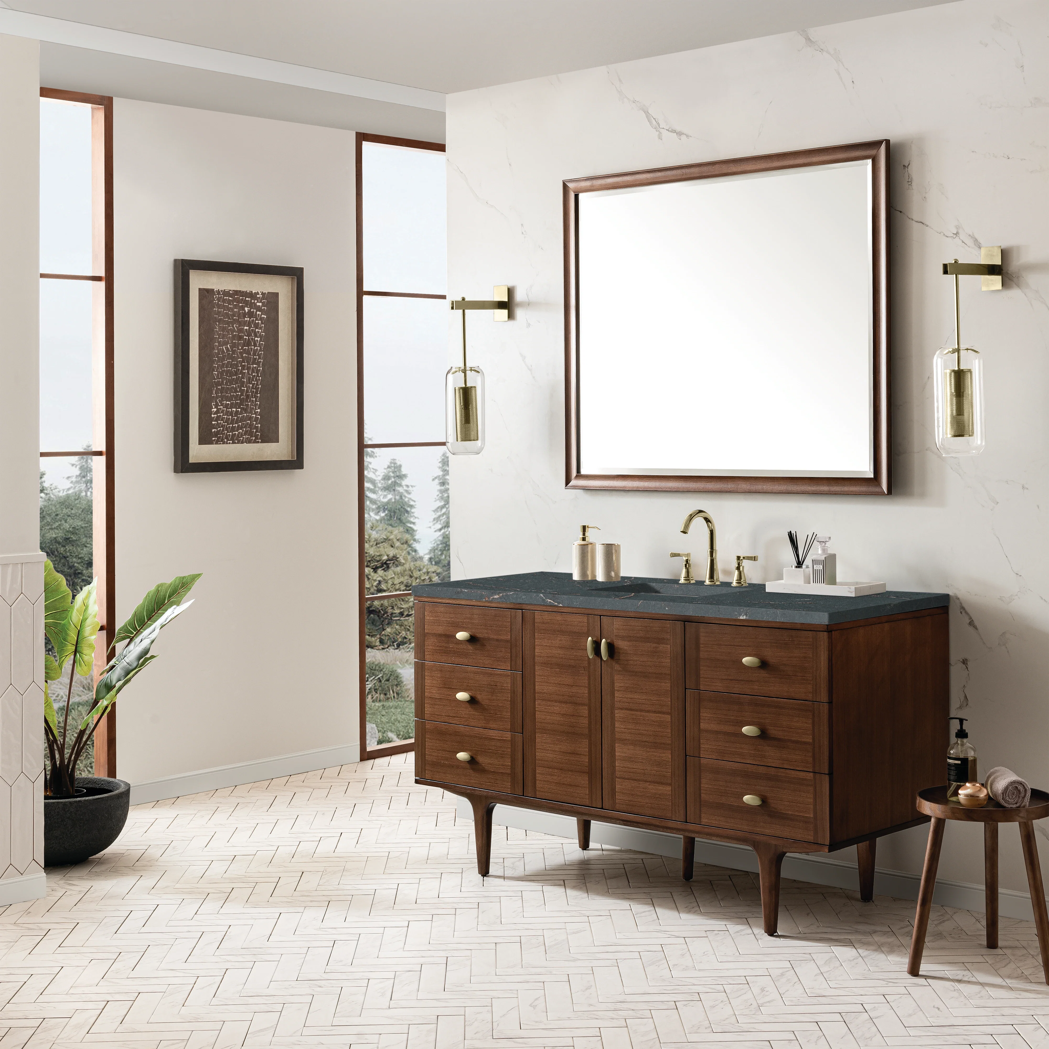Amberly 60" Single Vanity, Mid-Century Walnut w/ 3 CM Parisien Bleu Top