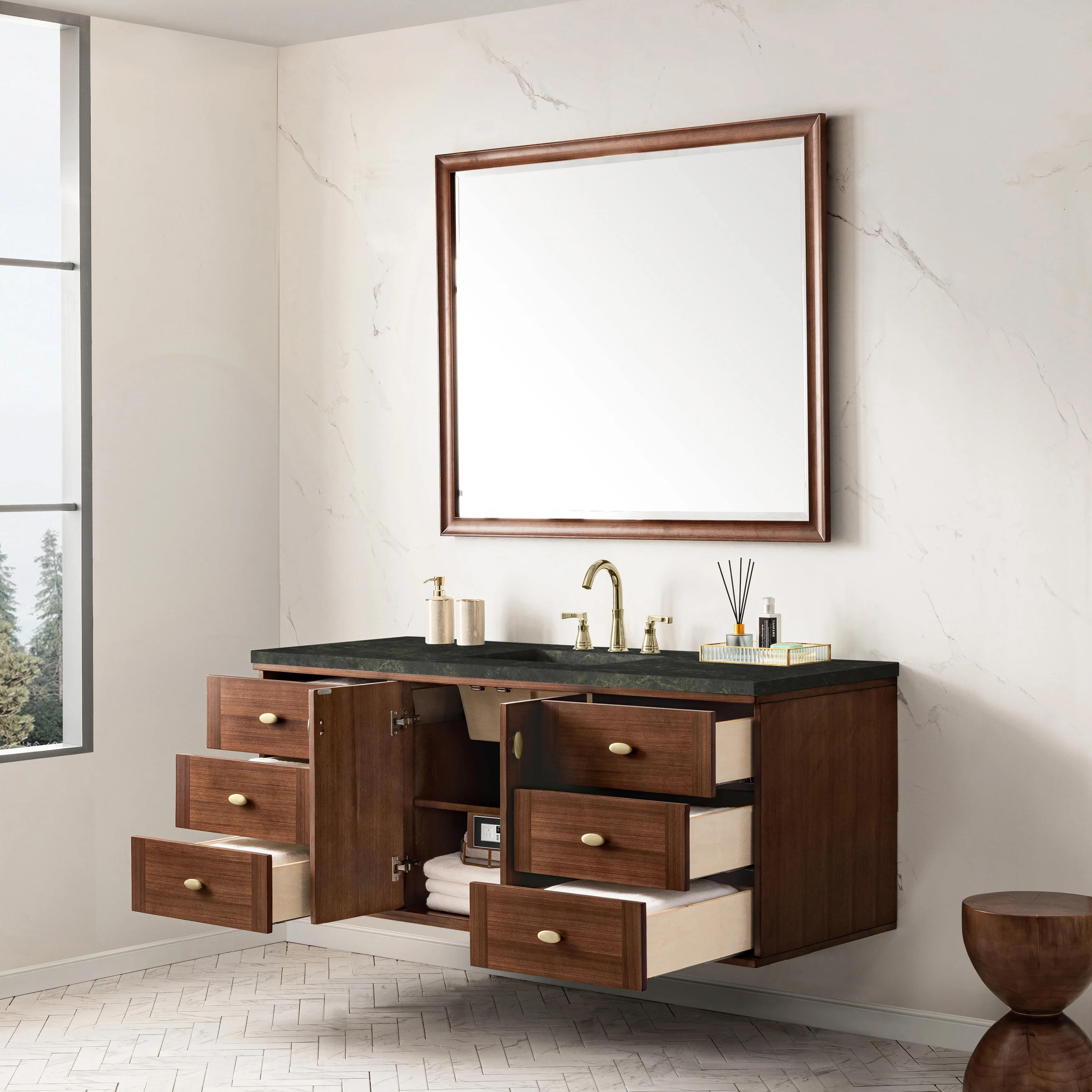 Amberly 60" Single Vanity, Mid-Century Walnut, w/ 3 CM Phantome Eclos Top