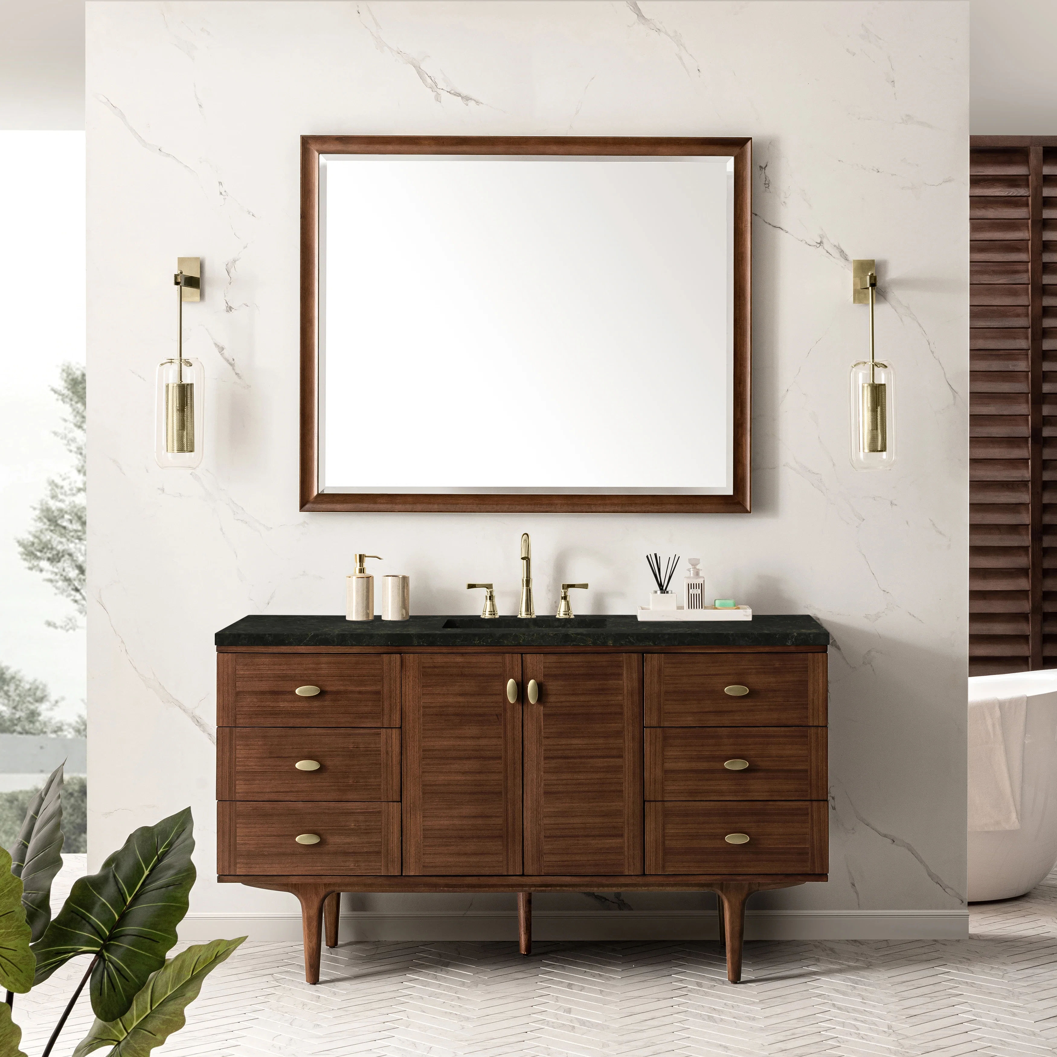 Amberly 60" Single Vanity, Mid-Century Walnut, w/ 3 CM Phantome Eclos Top