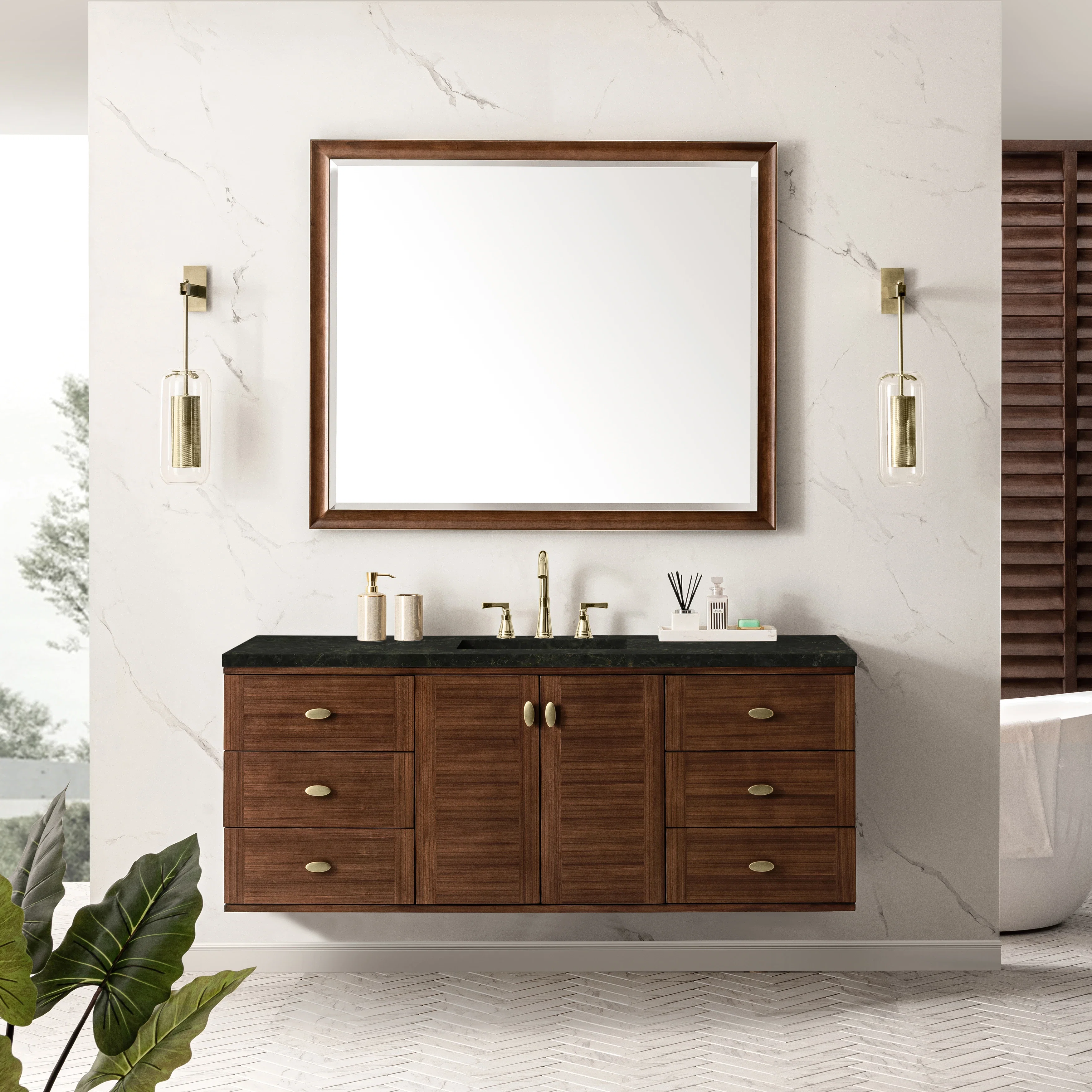 Amberly 60" Single Vanity, Mid-Century Walnut, w/ 3 CM Phantome Eclos Top