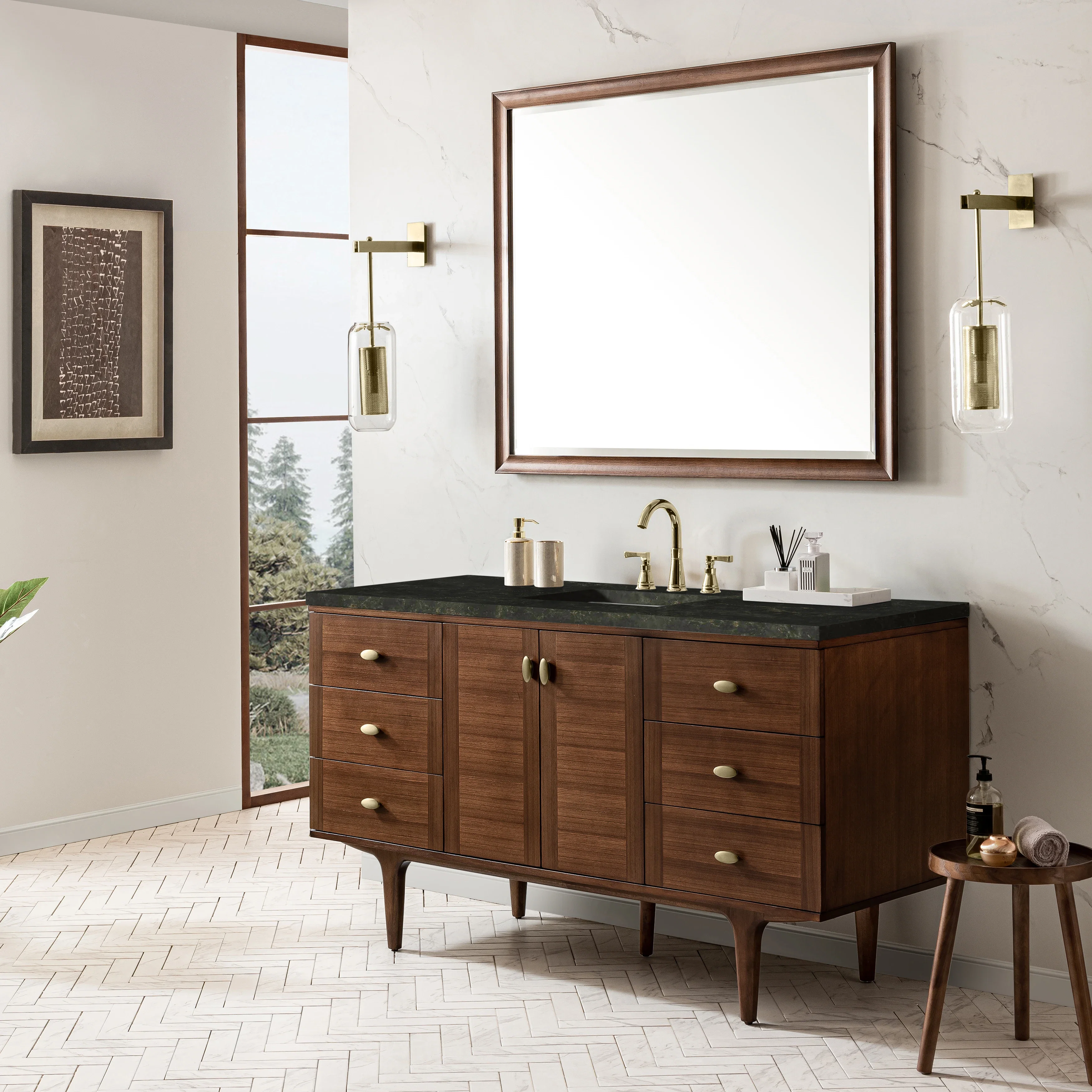 Amberly 60" Single Vanity, Mid-Century Walnut, w/ 3 CM Phantome Eclos Top
