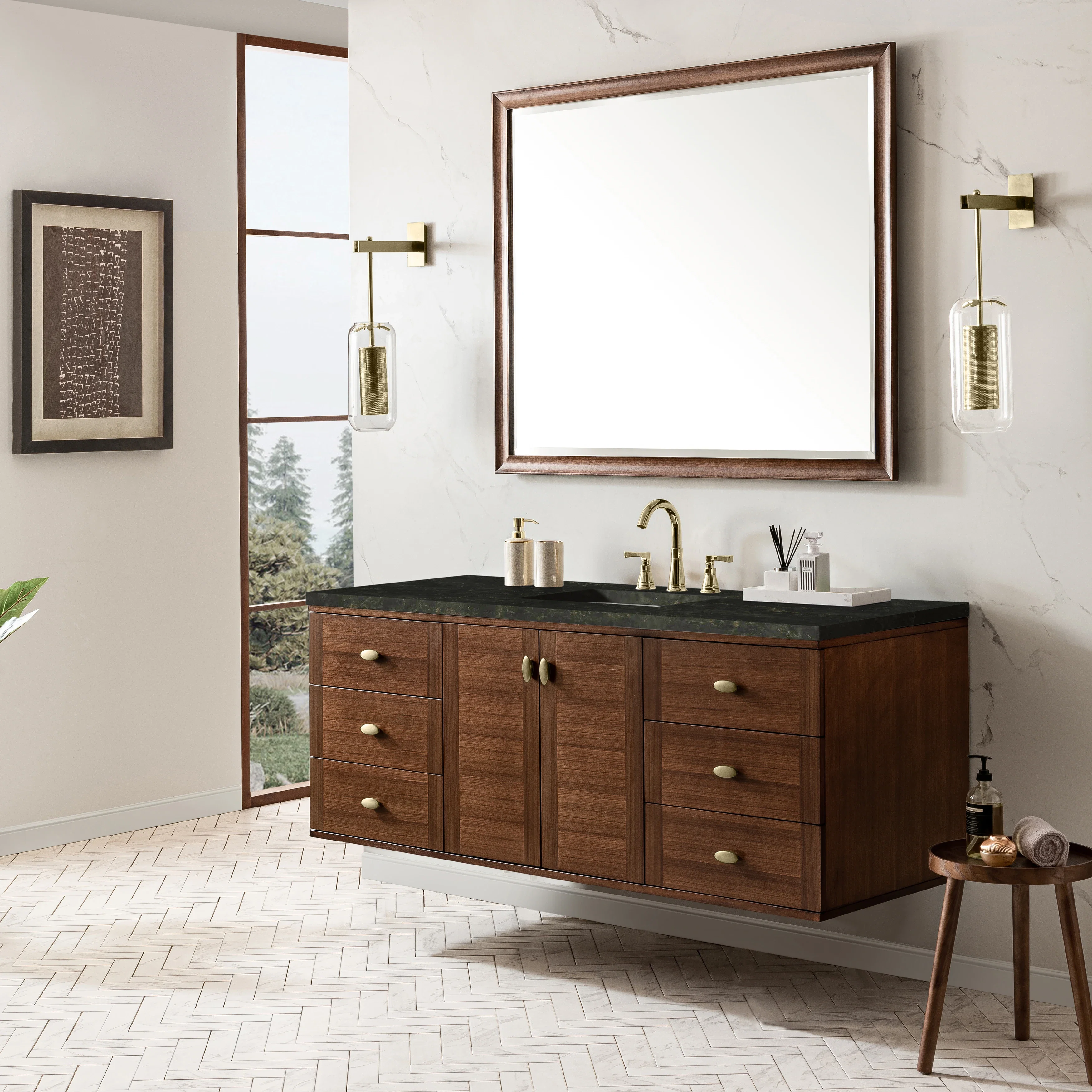 Amberly 60" Single Vanity, Mid-Century Walnut, w/ 3 CM Phantome Eclos Top