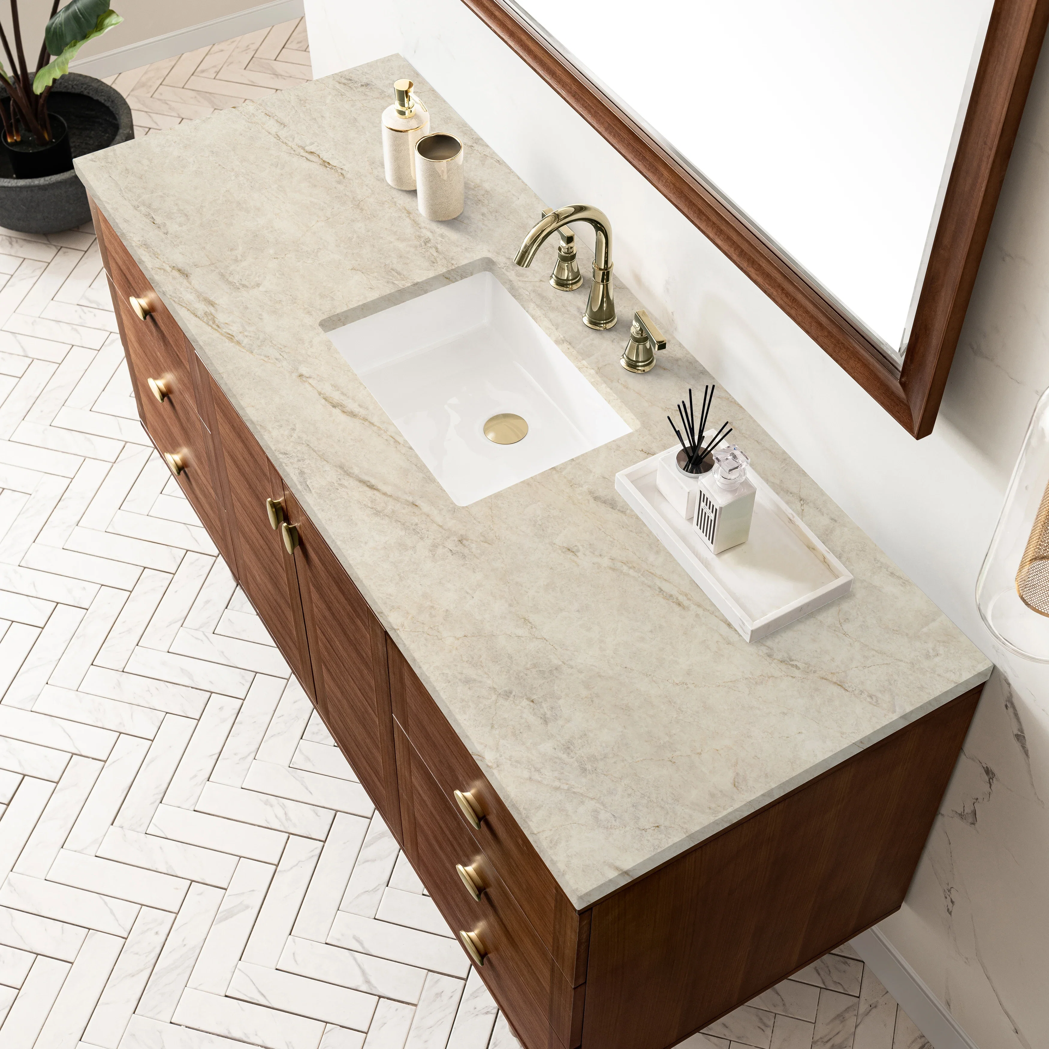 Amberly 60" Single Vanity, Mid-Century Walnut, w/ 3 CM Tajnar Eclos Top