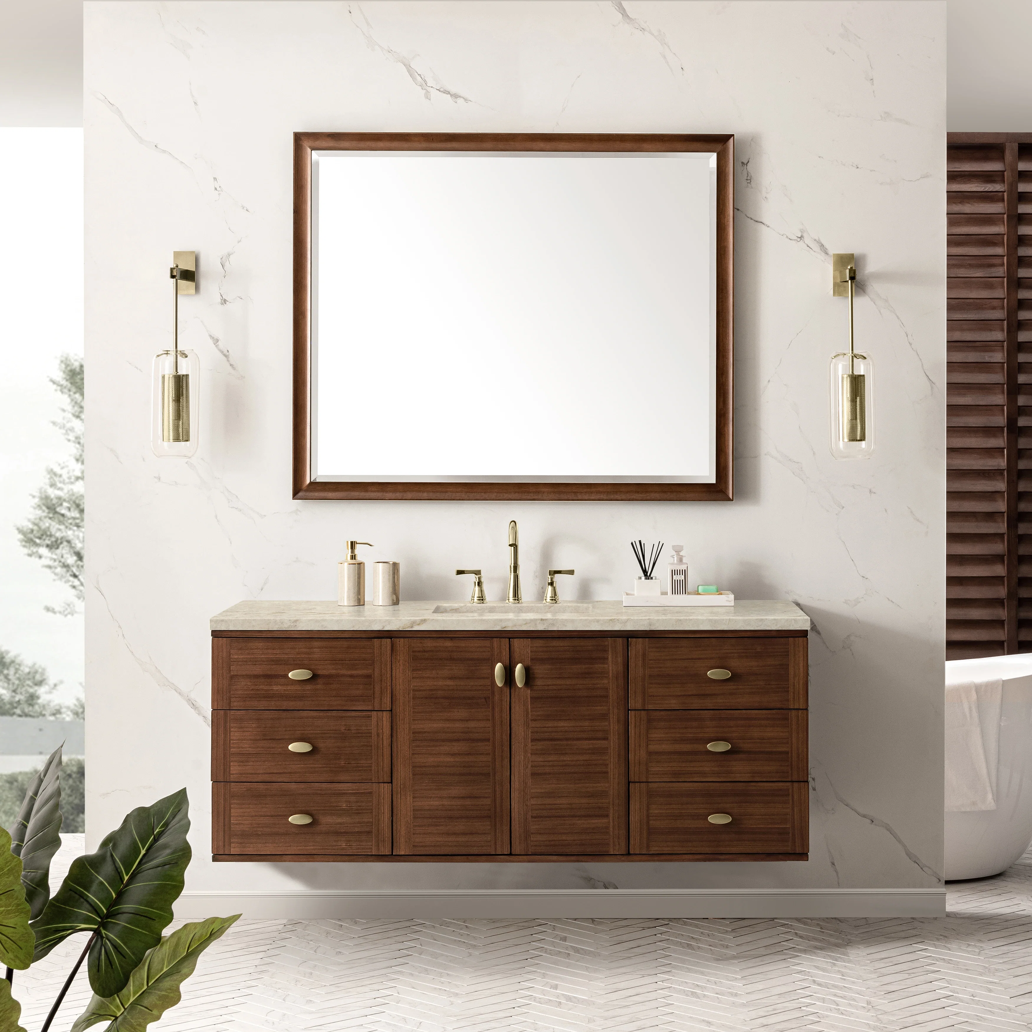 Amberly 60" Single Vanity, Mid-Century Walnut, w/ 3 CM Tajnar Eclos Top