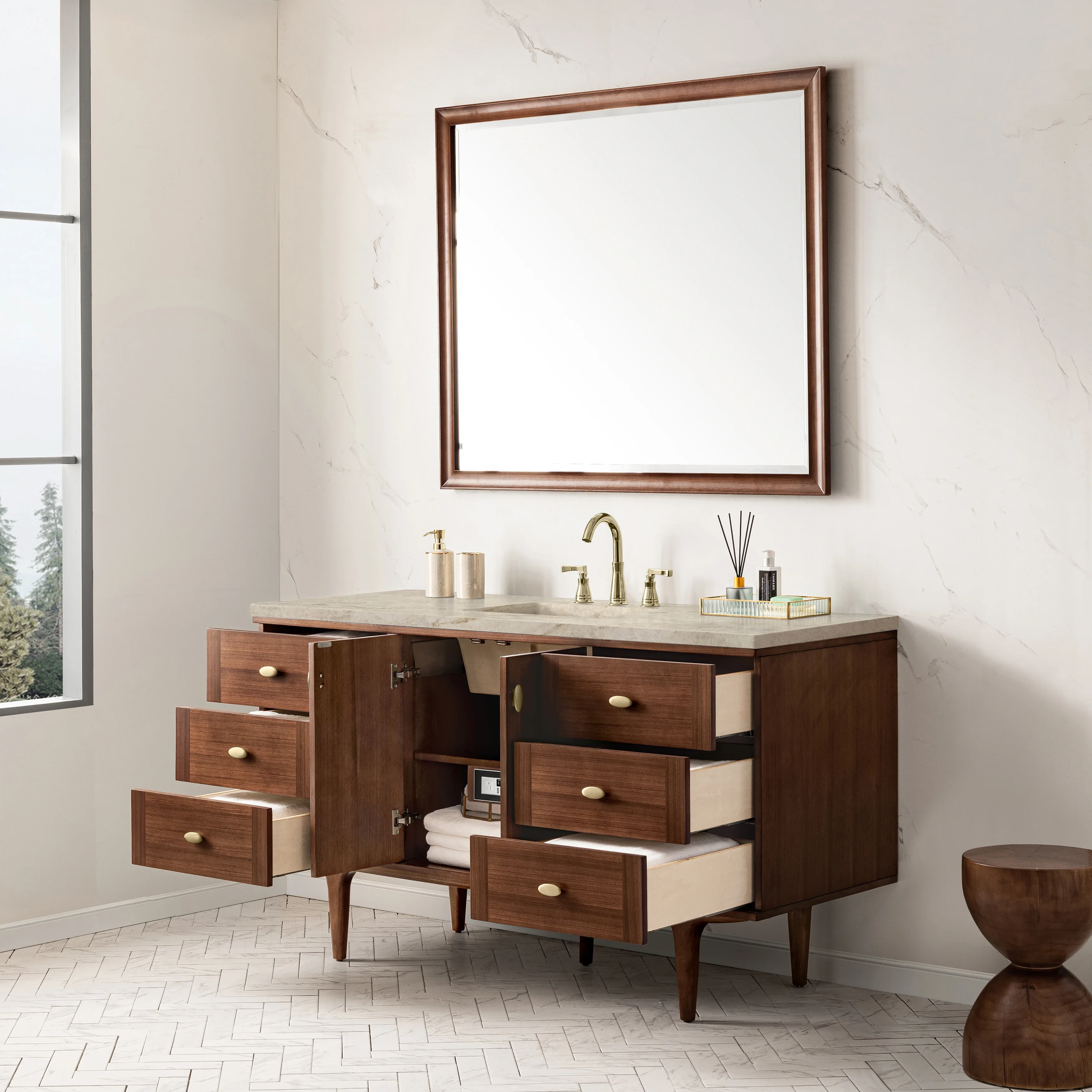 Amberly 60" Single Vanity, Mid-Century Walnut, w/ 3 CM Tajnar Eclos Top