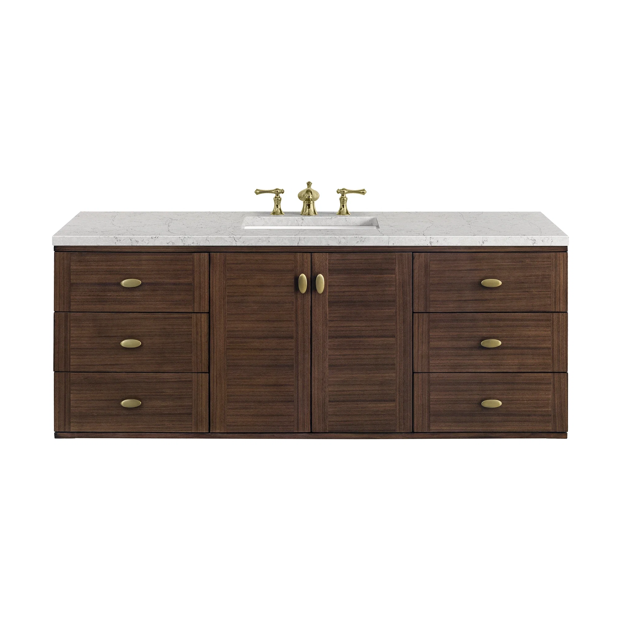 Amberly 60" Single Vanity, Mid-Century Walnut w/ 3 CM Eternal Jasmine Pearl Top w/FreePower Wireless Charger