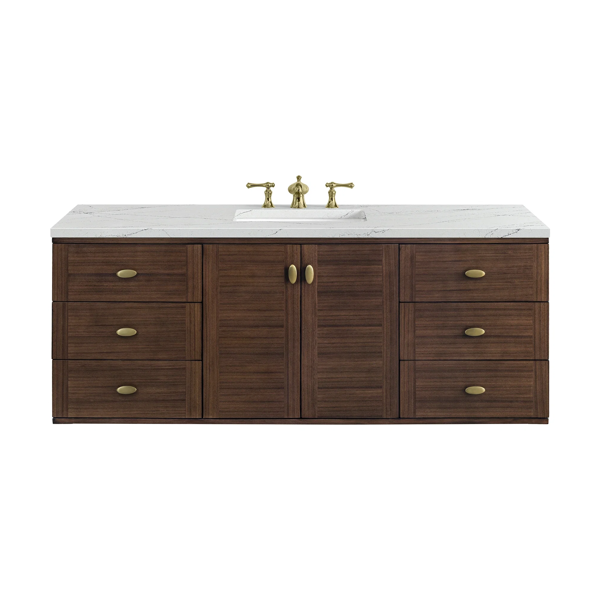 Amberly 60" Single Vanity, Mid-Century Walnut w/ 3 CM Ethereal Noctis Top w/FreePower Wireless Charger