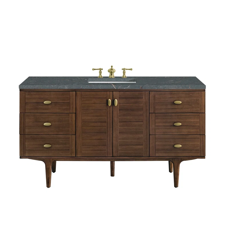 Amberly 60" Single Vanity, Mid-Century Walnut w/ 3 CM Parisien Bleu Top w/FreePower Wireless Charger