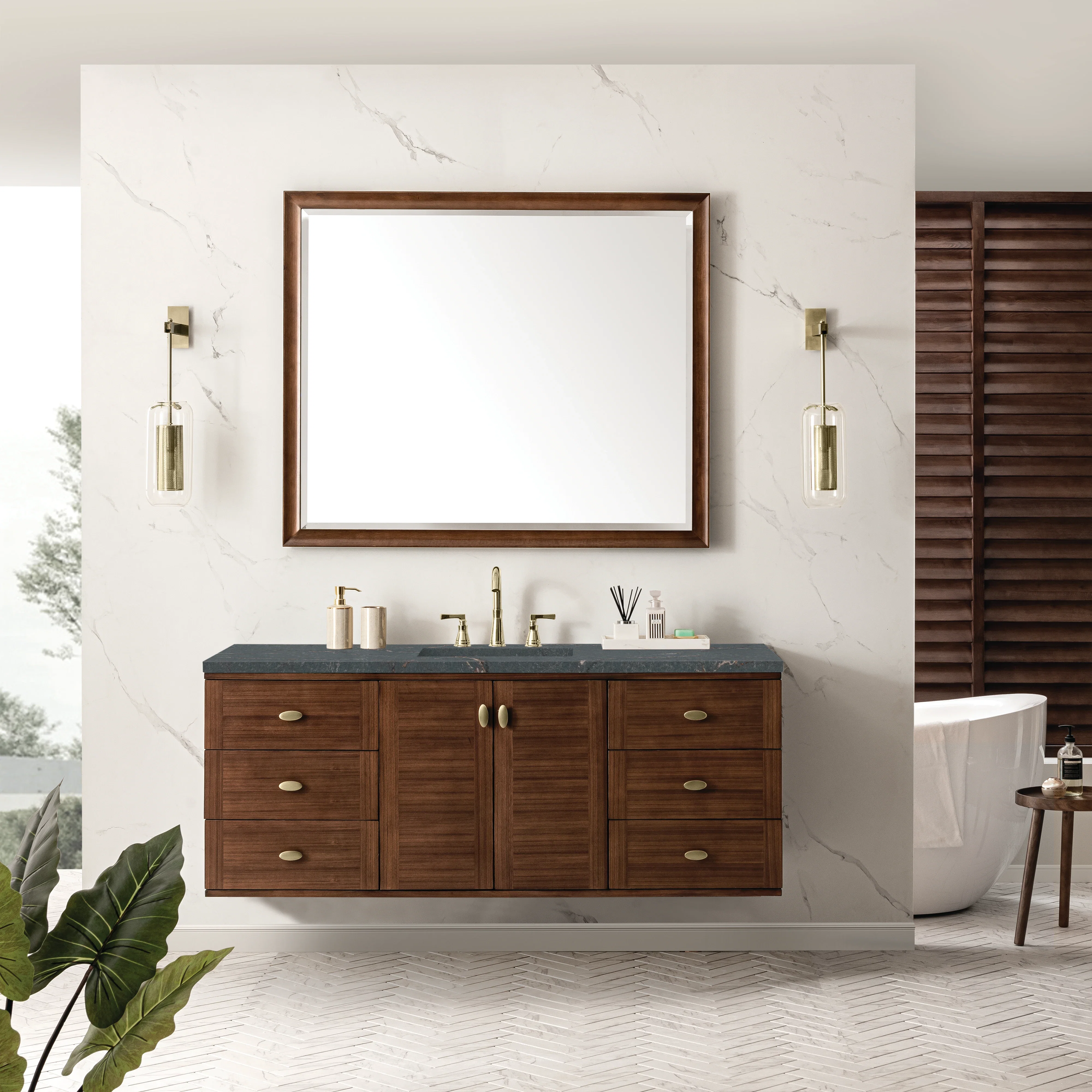 Amberly 60" Single Vanity, Mid-Century Walnut w/ 3 CM Parisien Bleu Top w/FreePower Wireless Charger